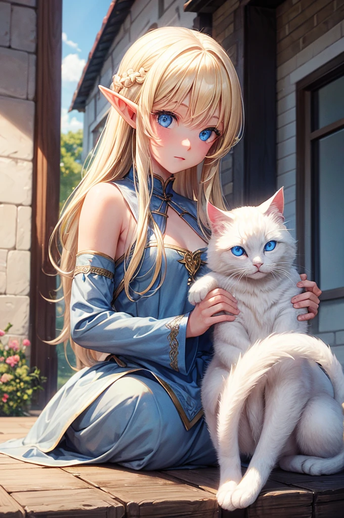 blond elf blue eyes holding a white cat