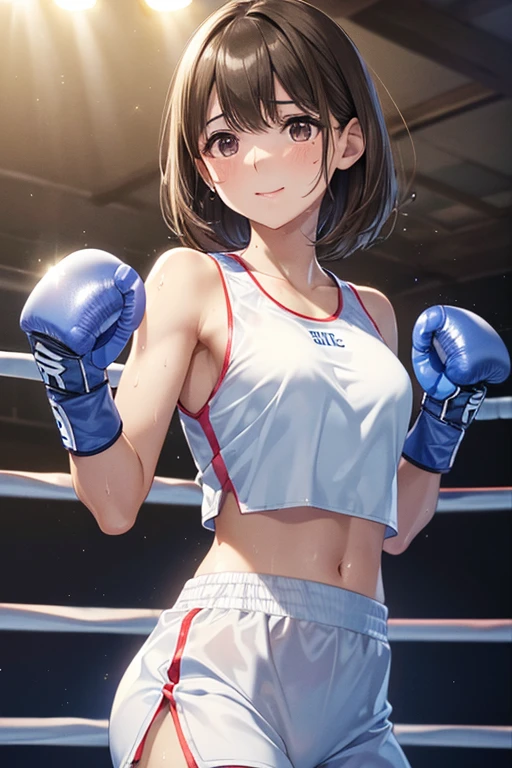 anegasaki nene、Shiny brown hair, short hair, (Beautiful brown eyes、Sparkling eyes, Fine grain)、smile、Ultra-detailed eyes、Highly detailed face, Highly detailed eyes,Cowboy Shot、

(最high quality,Extremely detailed depiction,信じられないほどのHigh resolution,Anatomically accurate depiction,software),(Glowing Skin,Glowing Skin,Sweat),


boxing、(((boxingグローブ:1.5)))、超High resolution, retina, masterpiece, Accurate, Anatomically correct, Textured skin, Super Detail, Attention to detail, high quality, 最high quality, High resolution, 4K