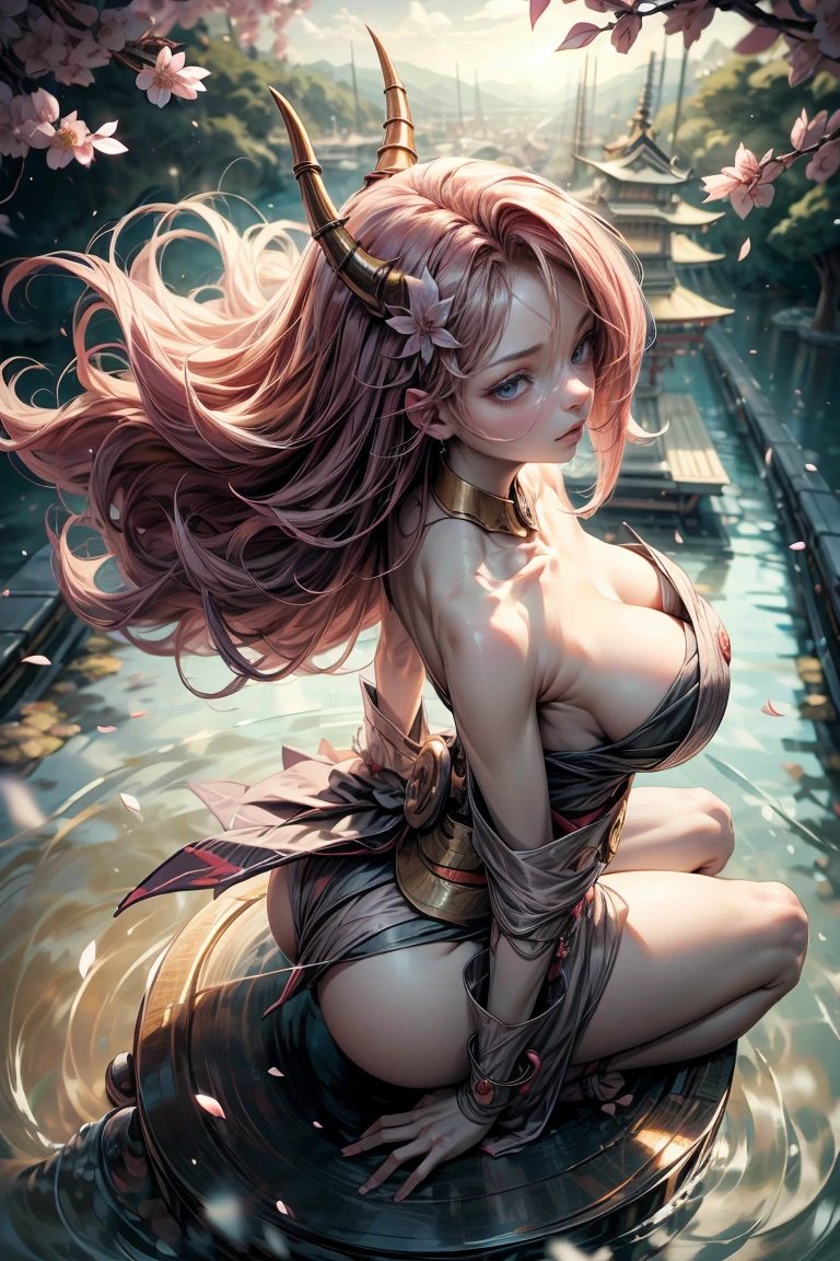 (masterpiece:1.2), (The best quality:1.2), perfect lighting, dark demon girl, in his twenties, arching her back in a sexy and seductive pose, accentuated super huge enormously big , neckline, beautiful open kimono, oni horns and hair ornaments, from above, cherry blossoms waving in the wind, very long red hair, sitting opening legs. Shinto shrine background, neckline profundo mostrando