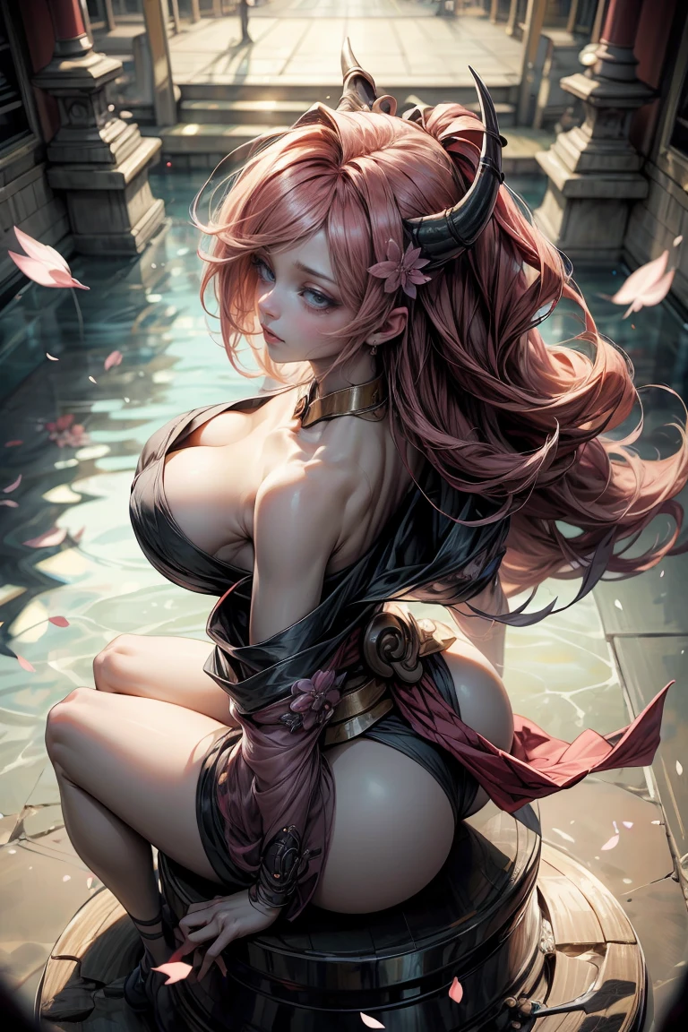 (masterpiece:1.2), (The best quality:1.2), perfect lighting, dark demon girl, in his twenties, arching her back in a sexy and seductive pose, accentuated super huge enormously big , neckline, beautiful open kimono, oni horns and hair ornaments, from above, cherry blossoms waving in the wind, very long red hair, sitting opening legs. Shinto shrine background, neckline profundo mostrando