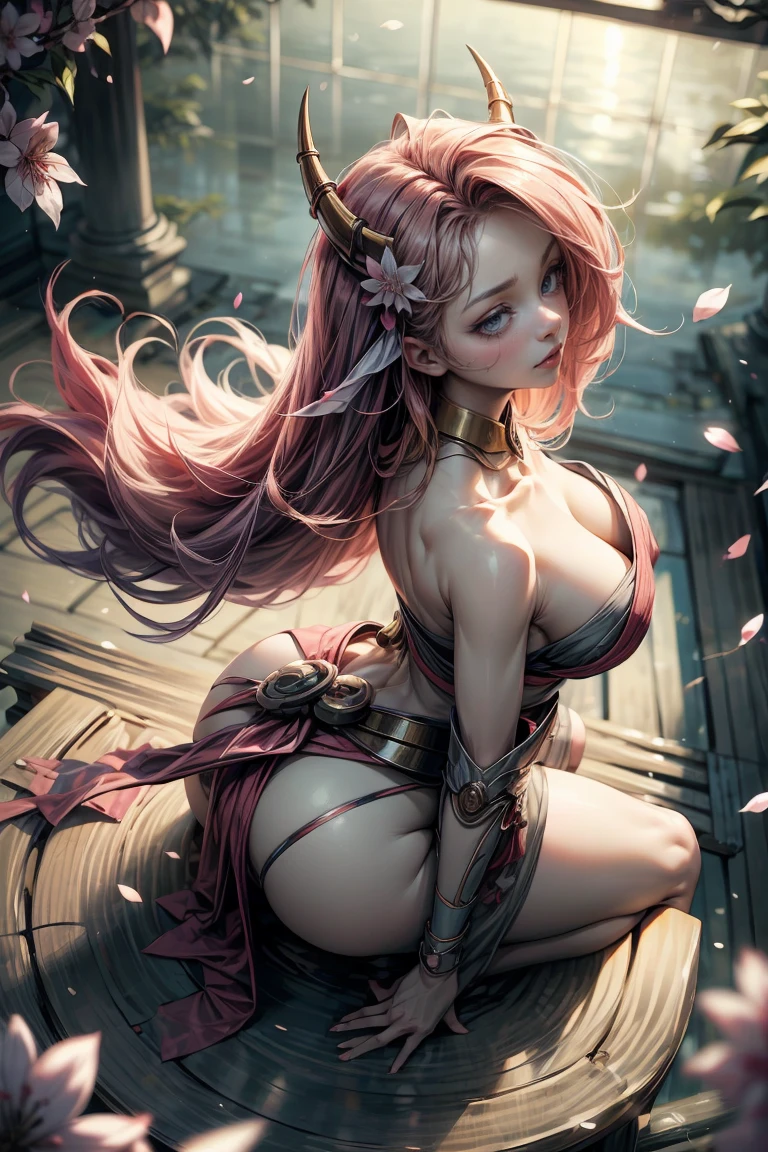 (masterpiece:1.2), (The best quality:1.2), perfect lighting, dark demon girl, in his twenties, arching her back in a sexy and seductive pose, accentuated super huge enormously big , neckline, beautiful open kimono, oni horns and hair ornaments, from above, cherry blossoms waving in the wind, very long red hair, sitting opening legs. Shinto shrine background, neckline profundo mostrando