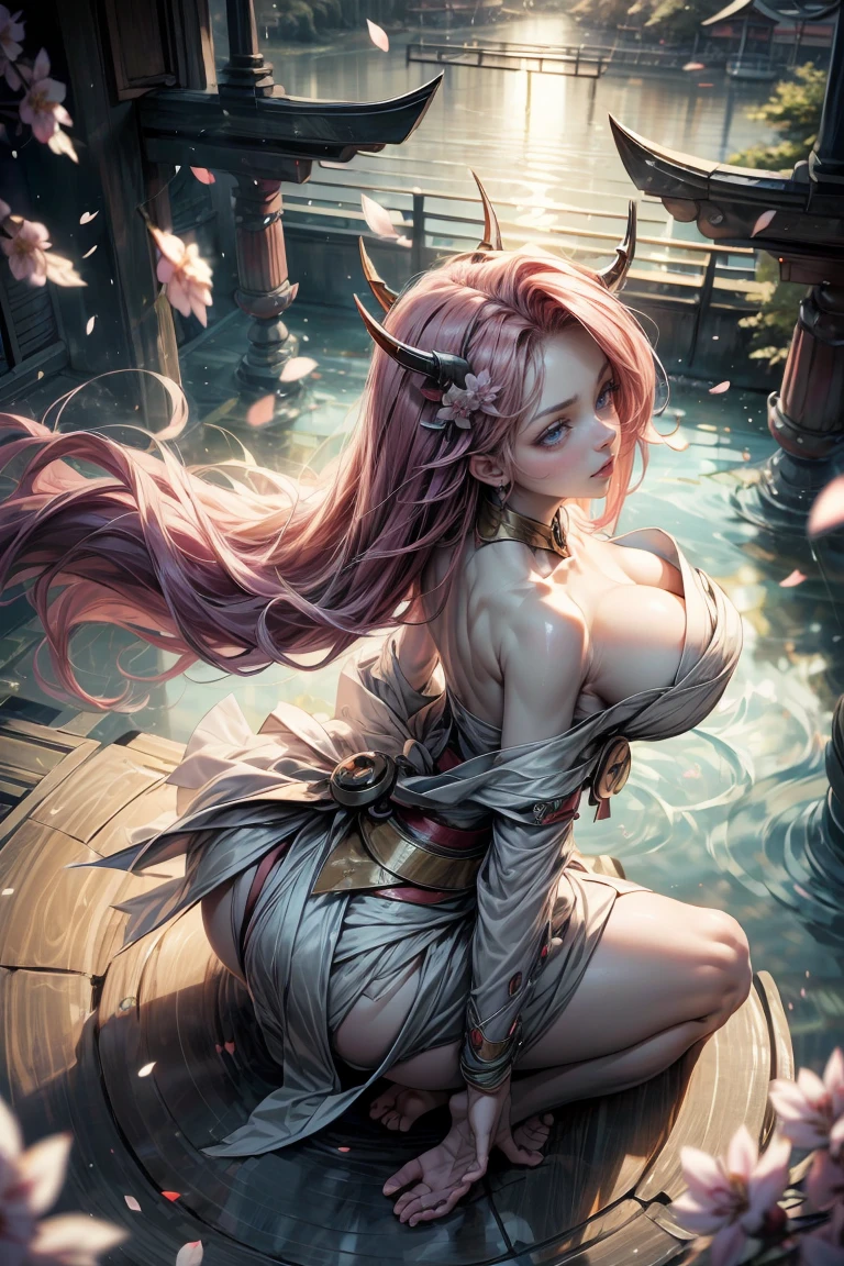 (masterpiece:1.2), (The best quality:1.2), perfect lighting, dark demon girl, in his twenties, arching her back in a sexy and seductive pose, accentuated super huge enormously big , neckline, beautiful open kimono, oni horns and hair ornaments, from above, cherry blossoms waving in the wind, very long red hair, sitting opening legs. Shinto shrine background, neckline profundo mostrando