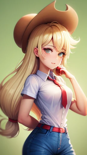 Apple jack my little pony, blonde hair, green eyes, low tied long hair, cowboy hat, white shirt, red tie, denim skirt, lighter orange skin, freckles, pony ears, apple background, short sleeves, simple background, anime waifu style