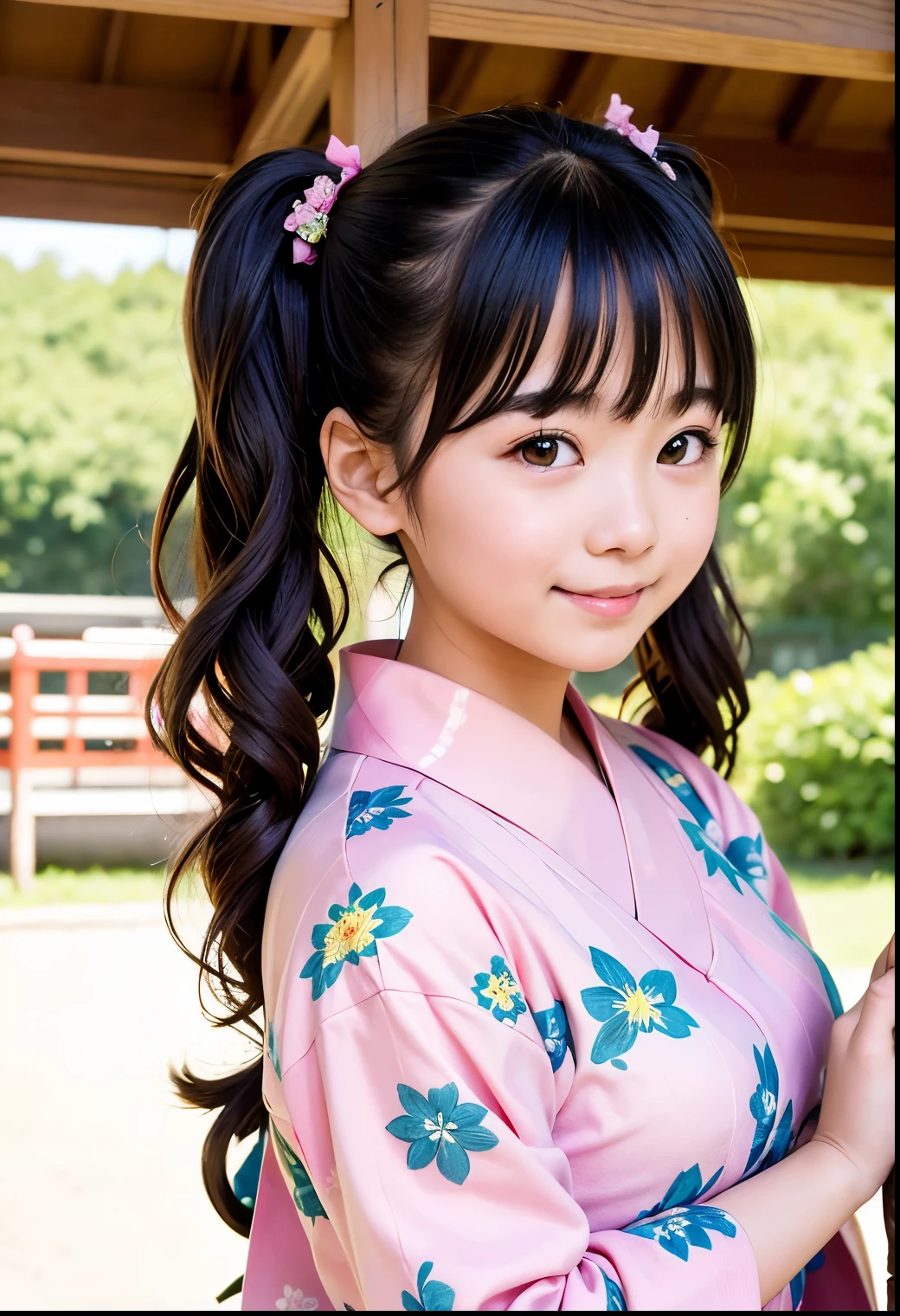 (Highest quality,masterpiece:1.3,Ultra-high resolution),(Very detailed、Caustics) (Realistic:1.4, RAW shooting、)Ultra-Realistic Capture、Very detailed、Natural skin texture、masterpiece、(Japanese elementary school girl wearing a floral yukata:1.3)、Adorable expression、Expressions of happiness、14 years old、height: 160cm、Baby Face、Pure girl、Amazingly cute、Twin tail hairstyle、Curly Hair、ribbon、Black Hair、Big breasts that look like they're about to burst、Open chest、Shining thighs、Shining ass、Farm roads in the countryside、Taken in the evening、Magic Hour、Background details、smile、An inviting gaze、(Anatomically correct)、Cowboy Shot、Attention to detail、