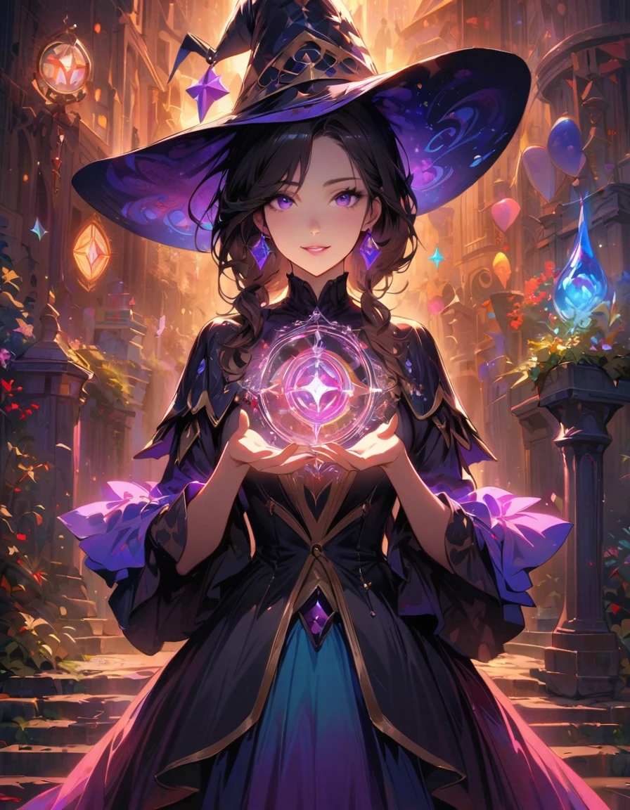 Detailed textures, high quality, high resolution, high accuracy, realism, color correction, correct lighting settings, harmonious composition. the cover of the art book "Harlequin dreamer" in a witch cat costume on a futuristic background, 1 girl, chest, witch hat, hat, cat ears, smile, parted lips, mystical eyes, jewelry, earrings, solo, neckline, looks at the viewer, long sleeves, black hair, stands in the cemetery, at night, witch, Artoria Custer (third ascension), Magic Circle, Circle Mantra, magic, white hell