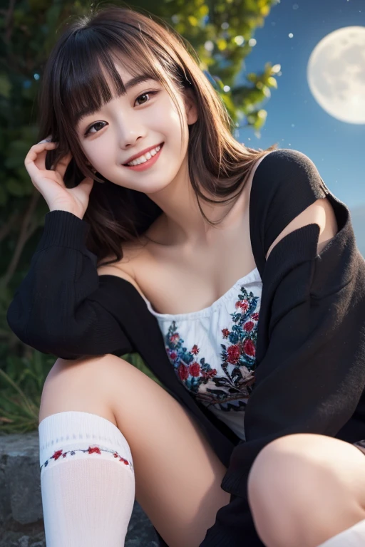 Upper body photo、Take close-up photos of your face、Fair skin、Great light、Beautiful lighting、、Blunt bangs、Detailed embroidery、Black Dress、Off-the-shoulder jacket、Gorgeous Accessories、Knee-high socks、Full moon night、Outdoor Background、smile、かわいいsmile