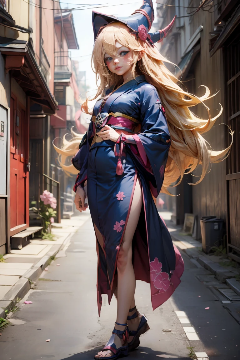 Whole body,Full shot of dark magician gils in the form of a geisha with big bright blue eyes and long fluffy eyelashes of the Nordic type with a perfect elegant figure and very long fluffy wavy hair of bright blonde color is in full growth in the alley with the japanese background pink sakura blooms on a bright navy blue kimono and japanese shoes turning bright navy blue, Girl'The lace kimono has an intricate design with ultra-short frank cuts......, Through the fabric you can see small breasts with protuberances and on the girl's ears are beautiful earrings with beautiful navy blue sapphires that shine and shine in the light..... The ground on which the girl stands is strewn with cherry blossoms......, The scene is very artistic.., High resolution, sharp focus, Midday art style-V5., hyperphotorealism, perfect proportions, Photo of the golden ratio.., walking stick, contour, sunlight, soft shine, soft focus, Photography-style soft focus through a Monocle lens.
