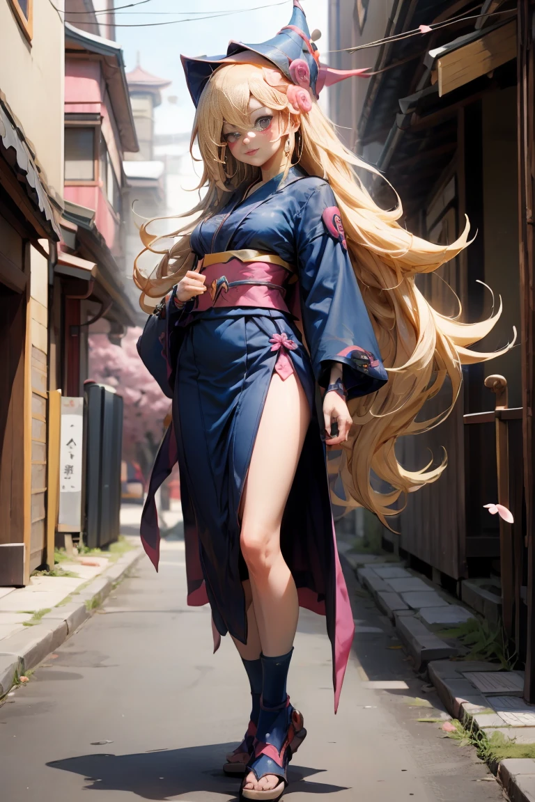 Whole body,Full shot of dark magician gils in the form of a geisha with big bright blue eyes and long fluffy eyelashes of the Nordic type with a perfect elegant figure and very long fluffy wavy hair of bright blonde color is in full growth in the alley with the japanese background pink sakura blooms on a bright navy blue kimono and japanese shoes turning bright navy blue, Girl&#39;The lace kimono has an intricate design with ultra-short frank cuts......, Through the fabric you can see small breasts with protuberances and on the girl&#39;s ears are beautiful earrings with beautiful navy blue sapphires that shine and shine in the light..... The ground on which the girl stands is strewn with cherry blossoms......, The scene is very artistic.., High resolution, sharp focus, Midday art style-V5., hyperphotorealism, perfect proportions, Photo of the golden ratio.., walking stick, contour, sunlight, soft shine, soft focus, Photography-style soft focus through a Monocle lens.