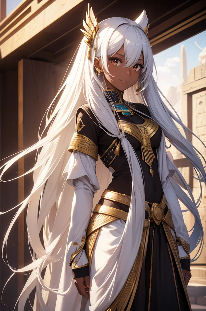 1girl, solo, long white hair, tall, slim, dark skin, brown eyes, smile, full body, egyptian attire, desert, god rays, ray tracing, reflection light, best quality, 8k, highres, masterpiece, ultra-detailed, realistic, photorealistic, HDR, UHD, studio lighting, ultra-fine painting, sharp focus, physically-based rendering, extreme detail description, professional, vivid colors, bokeh, digital art