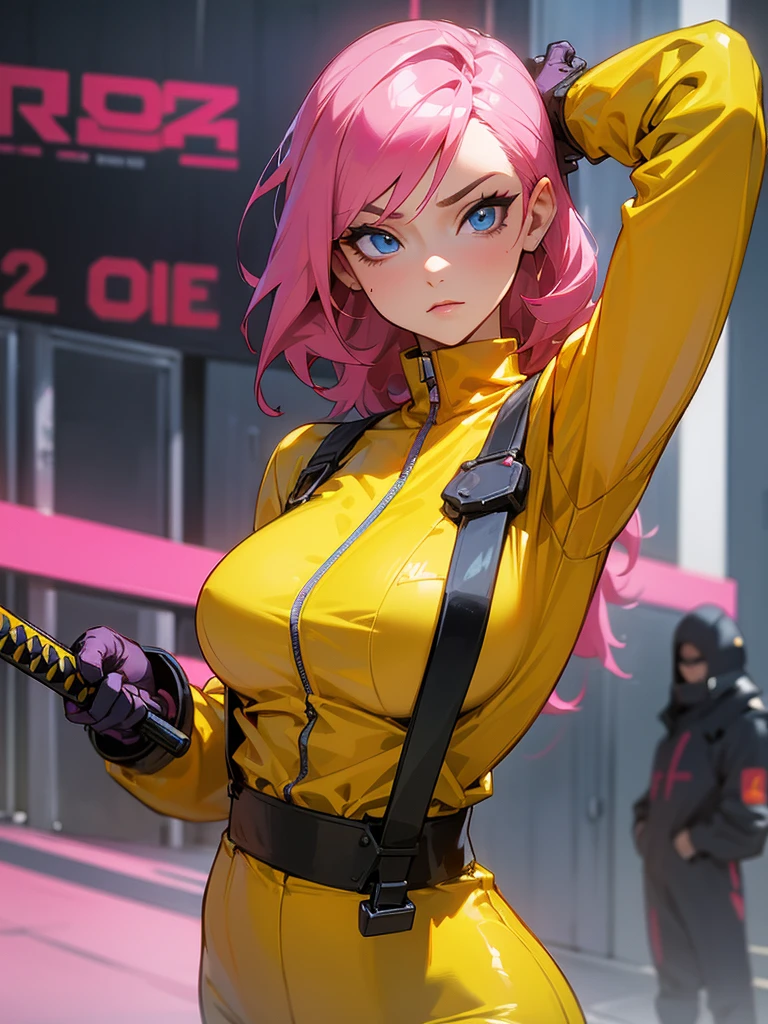 Fake  , Mature woman holding katana, foto de busto, big pink hair, shining blue eyes, wearing a mustard yellow jumpsuit, breasts big, looking 35 years old, eye on the spectator, Look to the camera, , the background is a cyberpunk city, revegeance expression, foco no rosto, de frente, foco no busto