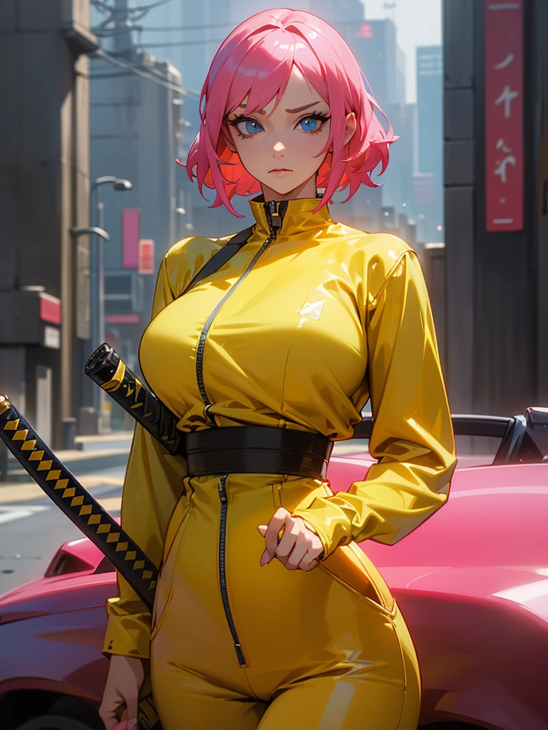 Fake , Mature woman holding katana, foto de busto, big pink hair, shining blue eyes, wearing a mustard yellow jumpsuit, breasts big, looking 35 years old, eye on the spectator, Look to the camera, , the background is a cyberpunk city, revegeance expression, foco no rosto, de frente, foco no busto