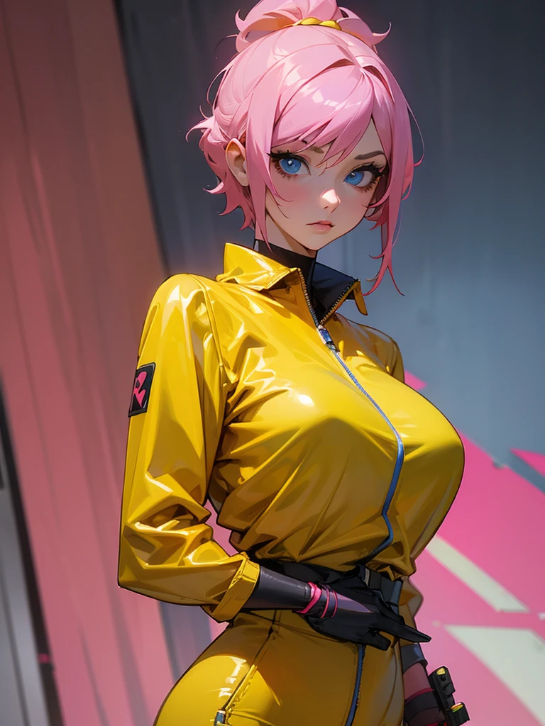 Fake , Mature woman holding katana, foto de busto, big pink hair, shining blue eyes, wearing a mustard yellow jumpsuit, breasts big, looking 35 years old, eye on the spectator, Look to the camera, , the background is a cyberpunk city, revegeance expression, foco no rosto, de frente, foco no busto