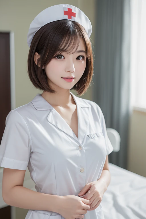 (Highest quality, 8k, 32K, masterpiece, Hmm...:1.2),Beautiful Japanese Women Photos, 1 girl, (Medium short dark brown hair), (Childlike flat chest 1.2), double eyelid, White nurse uniform, Little white nurse (cap), White shirt, Open shirt, hospital, hospital room, Upper Body,