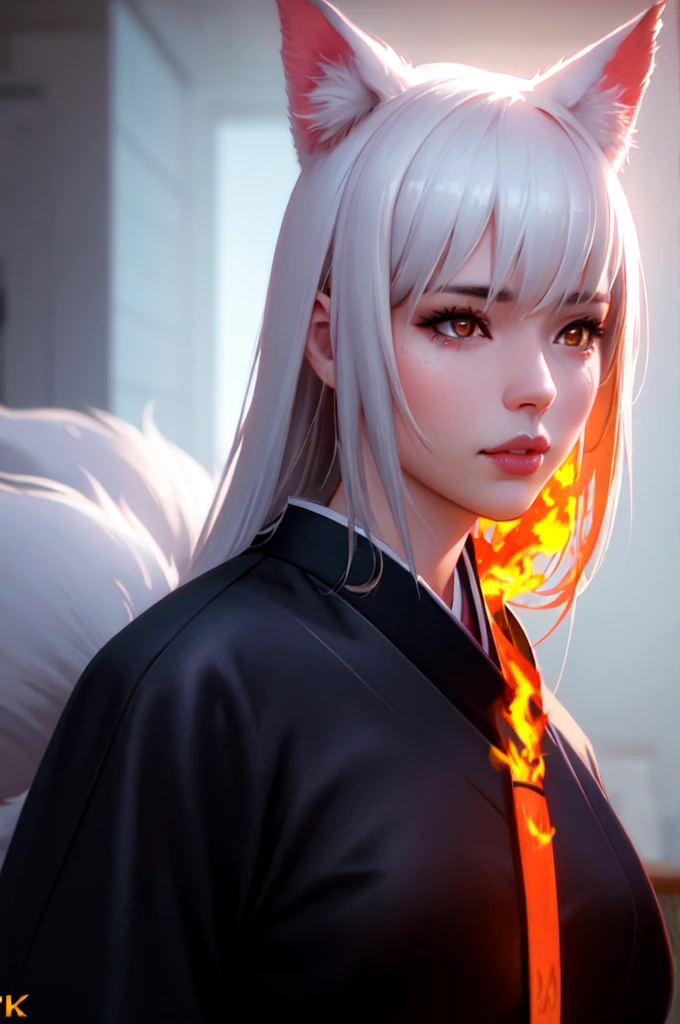 a japanese young woman kitsune with fox ears and three fox tails, white hair kitsune inspired armor, with kitsune mask on her face, fox, kitsune holding torch,Ambiance sombre by Yang J, Guweiz, (best quality, 4k, highres, masterpiece:1.2), ultra-detailed, (realistic, photorealistic:1.37), HDR, UHD, studio lighting, ultra-fine painting, sharp focus, physically-based rendering, extreme detail description, professional, vivid colors, bokeh, portraits, landscape, horror, anime, sci-fi, photography, concept artists, vibrant color tones, atmospheric lighting