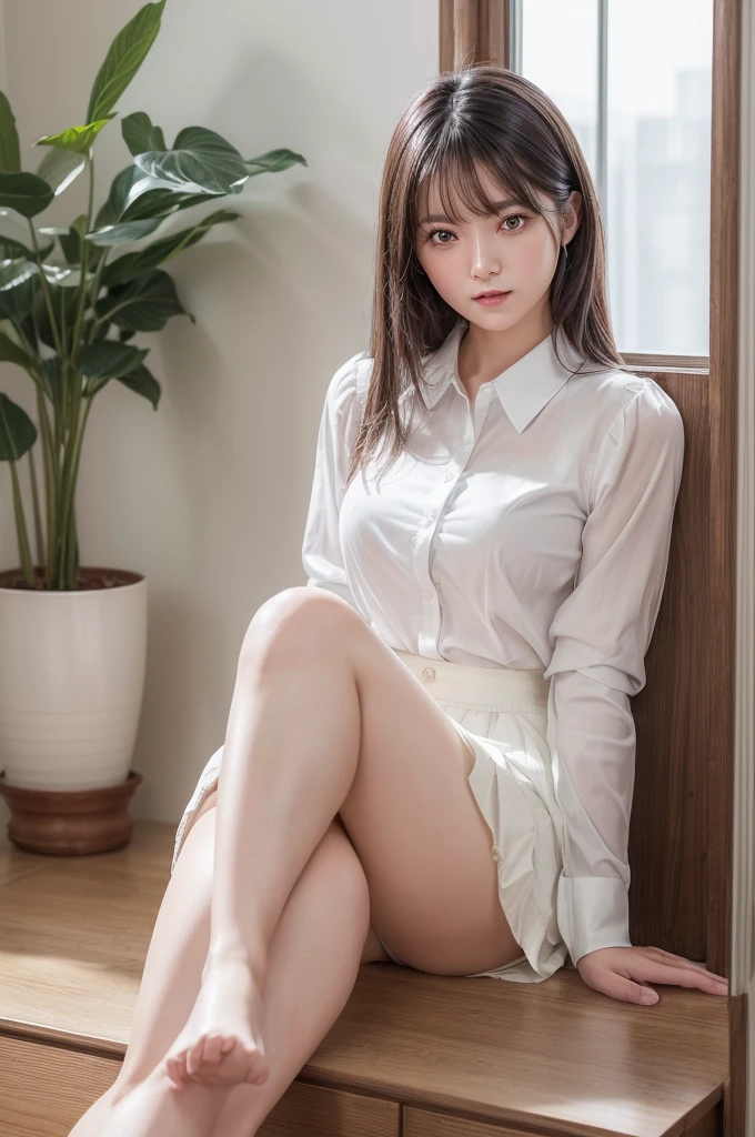 ((Best image quality、8k、masterpiece：1.3))、Realistic high-quality photos、Highest quality、Beautiful and elegant face and eyes、Uniform eyes、Black Hair、Shiny Hair、 OL、Wearing a short-sleeved blouse、Wear a long skirt、Full Body Shot.　Sitting、(((White panties are visible between her skirt and legs)))、