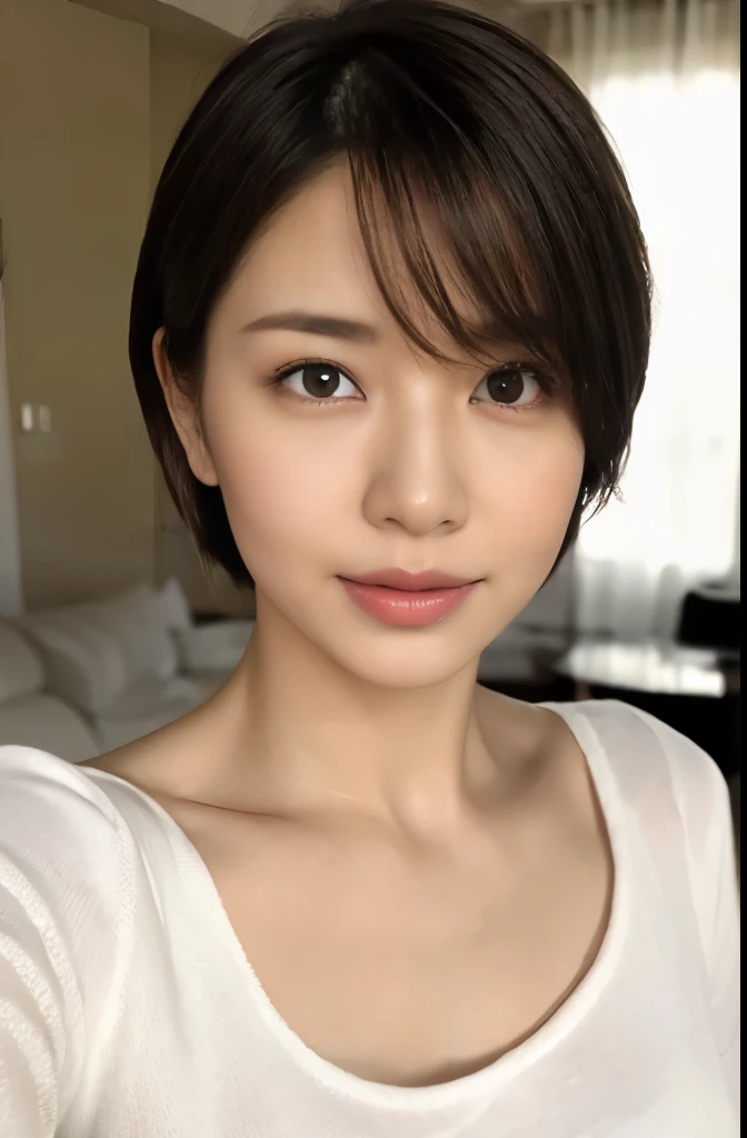 masterpiece、Ultra HD、clear、RAW UHD Format、45 year old beauty photos、Beautiful wife、Droopy eyes、High resolution glowing eyes、(Perfect Anatomy)、(Photo engraving)、clear、clear、Shallow depth of field、Cool Beauty,Messy hairstyle、Blurred Background、Small pores in the skin、Oily skin、Complex eyes、Fine skin、camisole、Photo from the waist up、sitting on the couch in the living room,Selfie,Short Hair,No makeup