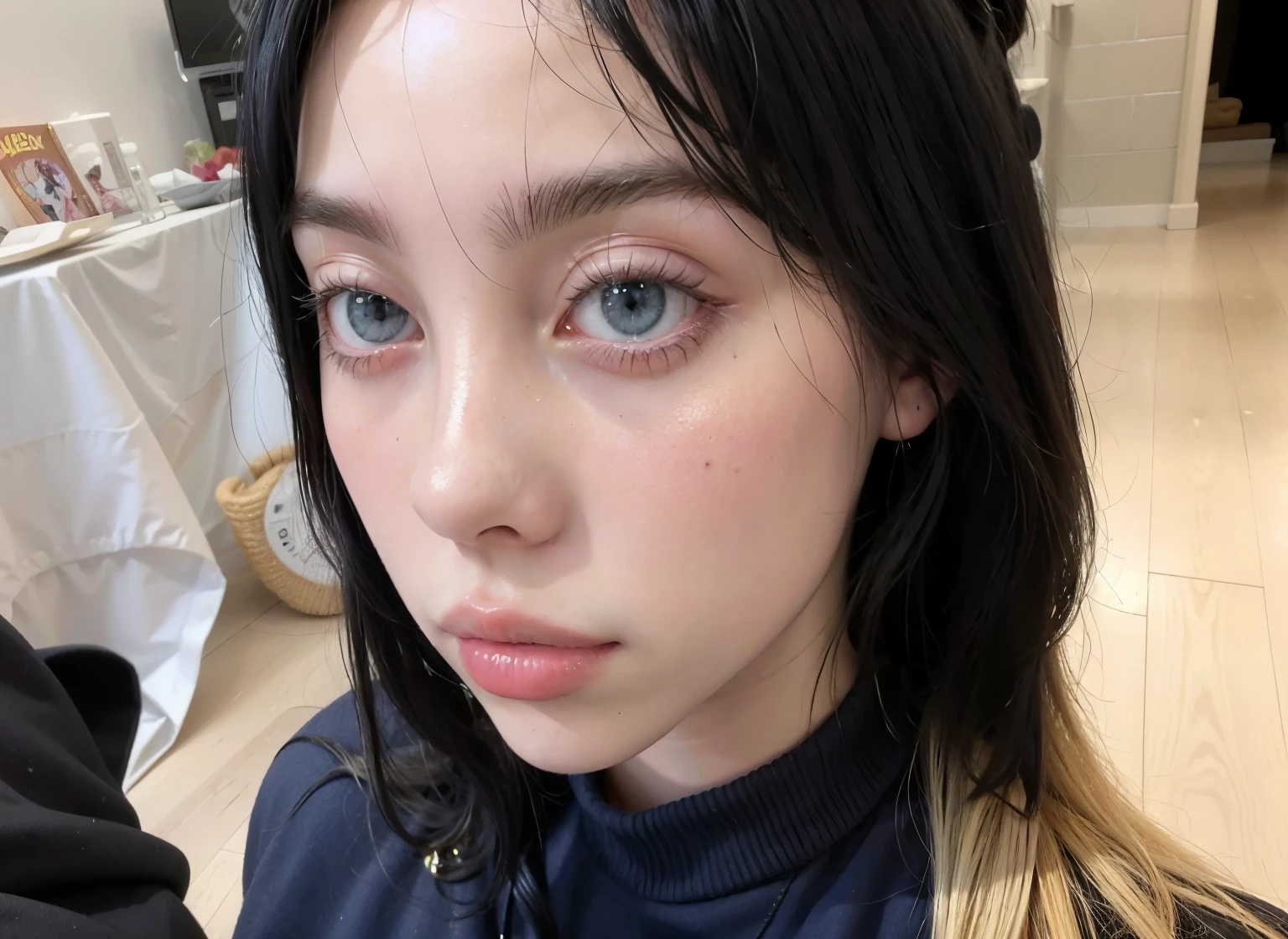 Blonde woman with long hair and piercings posing for a photo., with long black hair, with long black hair, Perfect white hair girl, Ava Max, tifa lockhart with black hair, pale porcelain white skin, anime girl in real life, with black hair, extremely black hair, very black hair, with long black hair, her hair is black