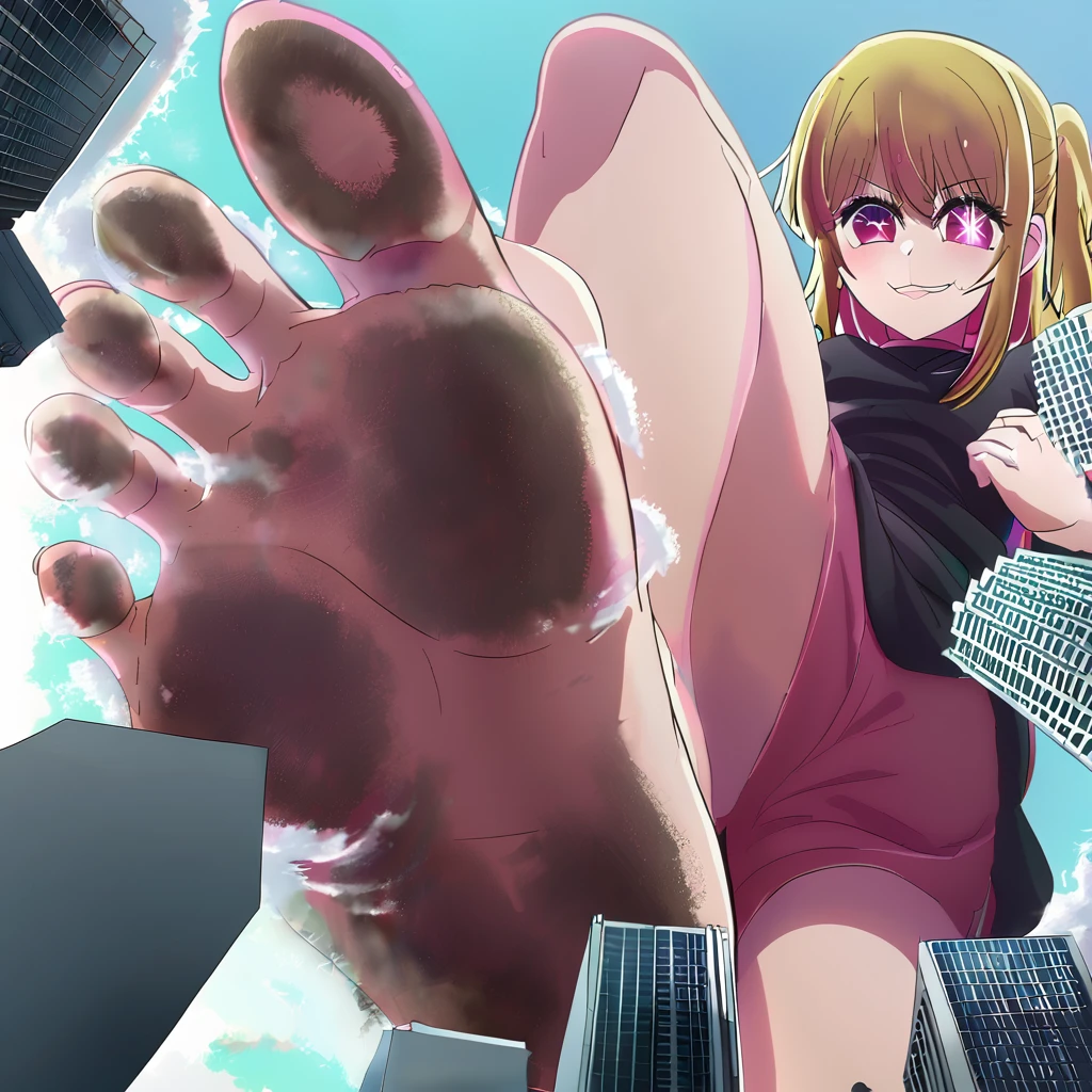 1 girl, oshi no ko, ruby hoshino, stepping, stepped on, pov, angle from above, no shoes, feet, looking down, toes, one foot out of frame, leg lift, foot focus, barefoot, standing on one leg,  depth of field, outdoors,( foreshortening:1.2), facial blur, blurry face, building, city, sky, cloud, giantess, mega size, masterpiece, best quality, absurdres, ultra detailed, detailed smirk, glaring, blonde, 6 pointed star pupil on right eye, five toes, detailed star pupil, full body shown, stinky feet, extremely dirty feet, detailed dirty feet, detailed full body, crushing a city with bare foot, a panel of her laughing at the side, 5 toes