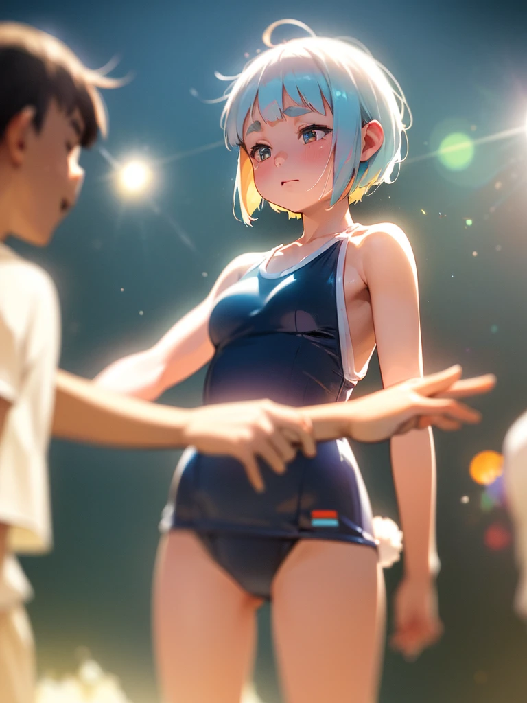 (Sumilux f1.4 50mm , low Latitude old color negative film , cross process , bokeh, flare, chromatic aberration , soft focus, (Shallow focus) , soft glow , Maximum aperture, high Key , Transparent depiction) , bunny girl , Muscular, short , (blunt bangs , Pixie Cut) , (round maro eyebrows) , school swimsuit