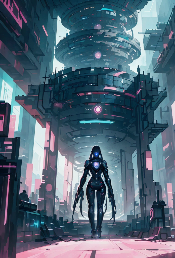 a giant futuristic library with thousands of books, a cyberpunk in the center of the library looking in awe, detailed intricate architecture, high ceilings, neon lights, holographic displays, advanced technology, moody dramatic lighting, cinematic composition, photorealistic, 8k, highly detailed, masterpiece