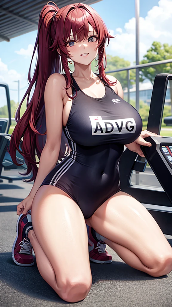 kei (dirty pair) (cosplay), 32-years-old femaile. Dark red long hair with bangs to the eyebrows. Wearing a sexy gym uniform. Sexy pose. In the gym. smiling,, kneeling