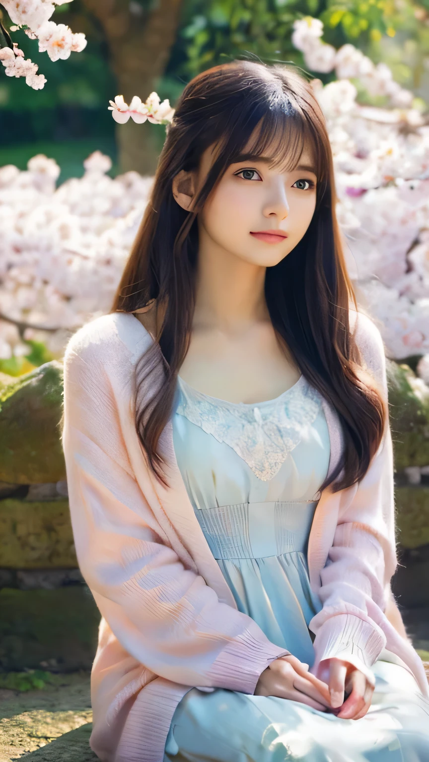 Highest quality,4K,8k,High resolution,masterpiece:1.2,Very detailed,Realistic:1.37,Portraiture,Soft colors,Gentle light,A girl exuding fatigue,Long flowing hair,Delicate features,Deeply contemplative eyes,White skin,Happy expression,Vintage Settings,Soft pastel colors,Great atmosphere,cardigan,Subtle brushwork,Dreamlike composition,Gazing into the distance,Quiet Garden,Delicate flowers,Romantic atmosphere,Impressionist Background,Calm colors,Soft Shadows、Cherry-blossom viewing、Ample breasts、Please take only one photo、Sitting Girl、wear 、