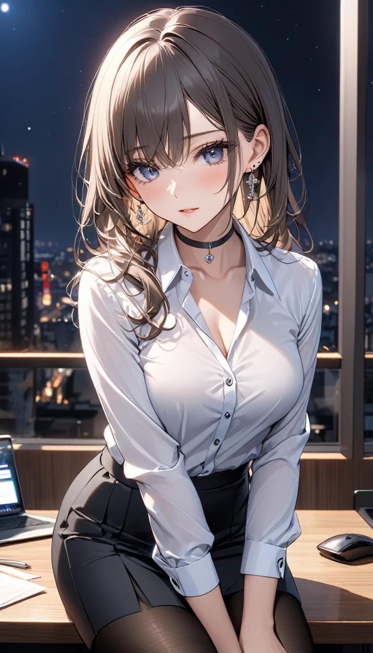 best quality, super_delicate, ultra detailed, beautiful, 8k, business shirt, skirt, earrings, choker, black tights, night