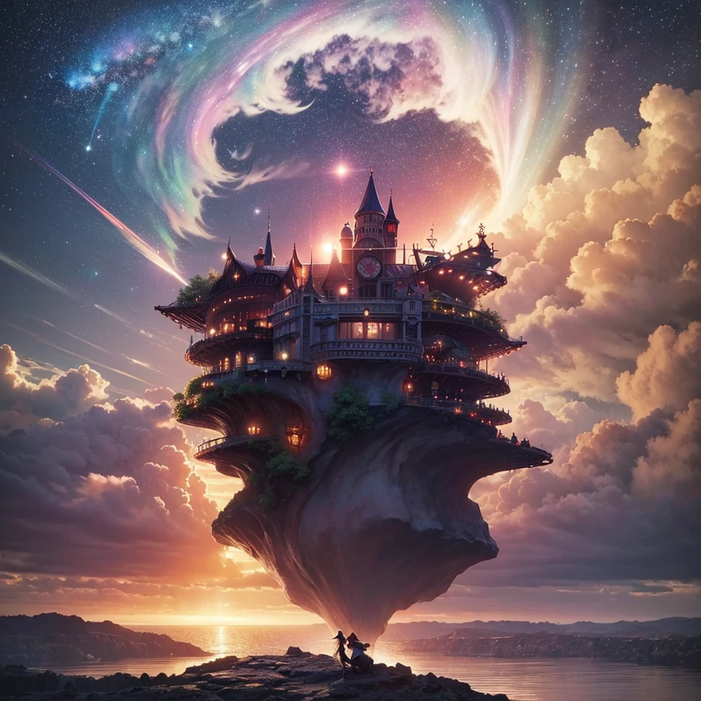 (8k, highest quality, masterpiece, final fantasy style: 1.2), (unRealistic, photoRealistic: 1.37), Dreamy landscape, Fantasy, Unsurreal landscapes, Super detailed, Flying Castle, Floating Island in the Sky, Seven-colored swirl of light, Intense lightning, milky way, Complex Light, Colored light, Large Lake, Starry sky reflected on the lake surface, Countless shining stars, Meteors, Reflections , (A pillar of light emanated from the ground:1,2),heavenly roses and orchids gardens on the ground , sunset, pink clouds, waterfall in the sky, realistic style, Hyperrealism drawing, fairies flying, a flying pirate spaceship floating at the clouds level