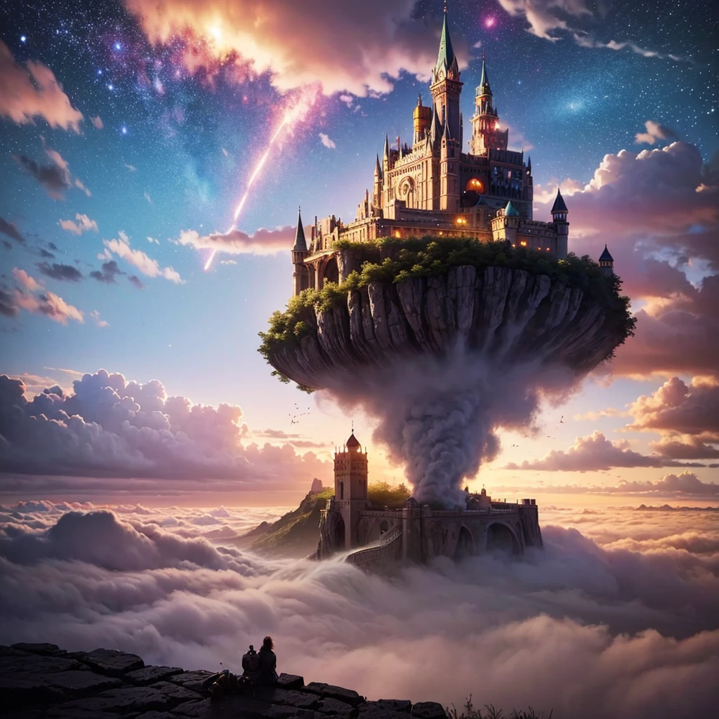 (8k, highest quality, masterpiece, final fantasy style: 1.2), (unRealistic, photoRealistic: 1.37), Dreamy landscape, Fantasy, Unsurreal landscapes, Super detailed, Flying Castle, Floating Island in the Sky, Seven-colored swirl of light, Intense lightning, milky way, Complex Light, Colored light, Large Lake, Starry sky reflected on the lake surface, Countless shining stars, Meteors,  Reflections , (A pillar of light emanated from the ground:1,2),heavenly roses and orchids gardens on the ground , sunset, pink clouds, waterfall in the sky, realistic style, Hyperrealism drawing, fairies flying, a flying pirate spaceship floating at the clouds level 