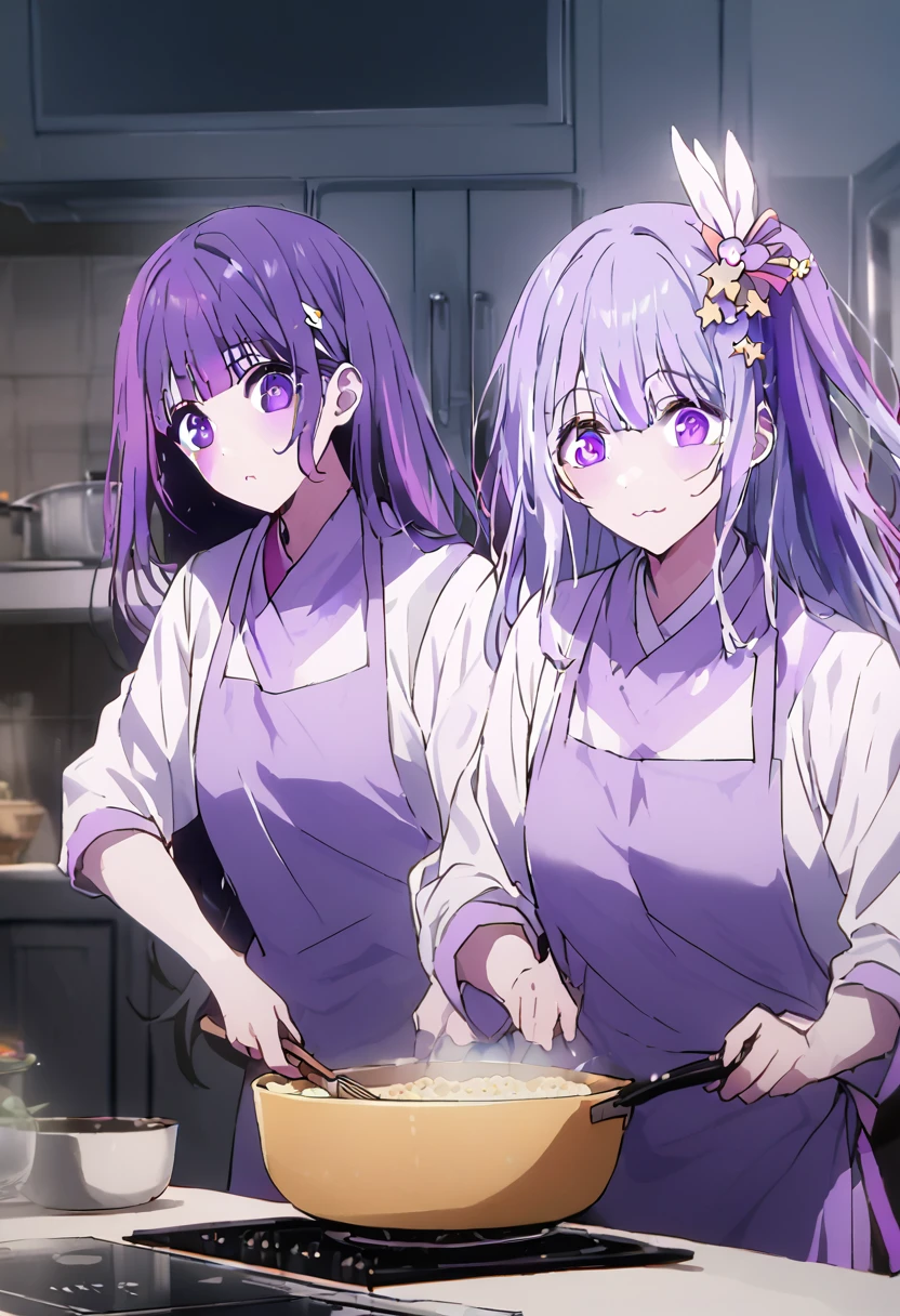 great quality ++ Extremely detailed high resolutionolution, very aesthetic, expressive eyes, (((perfect face))), (((face symmetrical))), ((good anatomy)), (((perfect hands))), (((8k))), UHD, HD wallpaper, (((detailed high cal, (((((1girl)))))), only, masterpiece, La Best Quality, high resolution, Highly detailed, (illustration), beautiful detailed eyes, (((combatant))), (((((1girl))))), ((((fullbody)))), (((HOSHINOAI))), ((((Girl with characteristics of Miku Izayoi and Hoshino Ai)))), (((rvcm_duotone3_hairstyle))), (((light indigo hair))), ((((((((purple eyes)))))))), (((rvcm_duotone3_haiRstyle))), (((agglutination))), Combination, (((mature female))), (((bangs))), (((blunt bangs))), (((hime cut))), (((hair ornament))), (((Idol))), (((Cooking))), (((home))), (((kitchen))), (((Singing))), (((((star-shaped pupils))))), (((purple eyes))), (((semi-backless red off-shoulder sweater))), (((Sleeveless Dress))), (((narrow shoulders))), (((narrow waist))), (((They are smiling))), Long hair, huge, garden of a castle, (((mature female))), masterpiece, Best Quality, ((masterpiece)), ((best calidra derailed)), Upper part of the body, (((face to face look))),