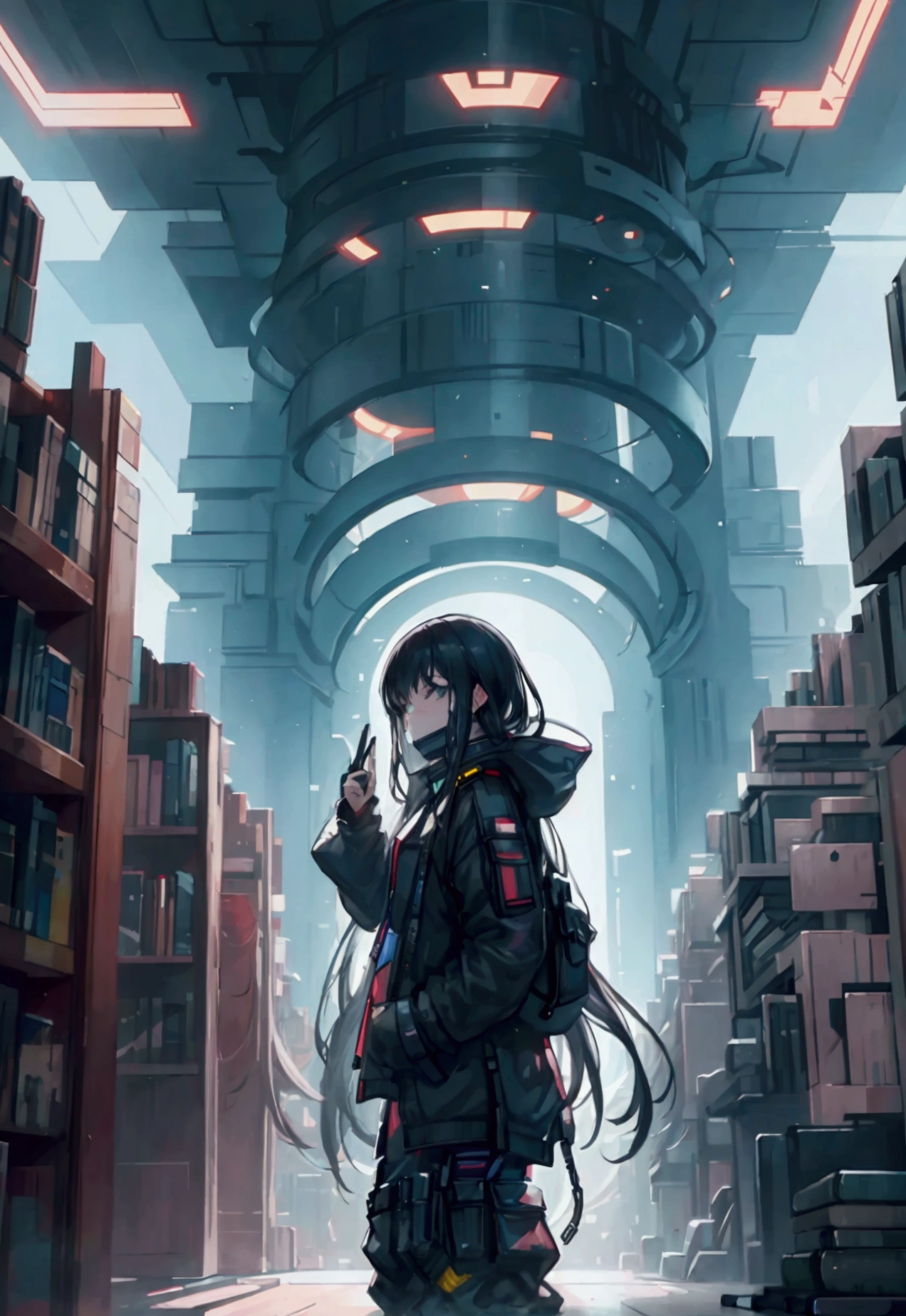 giant futuristic library with thousands of books. A cyberpunk  in the center of the Library looking in awe  