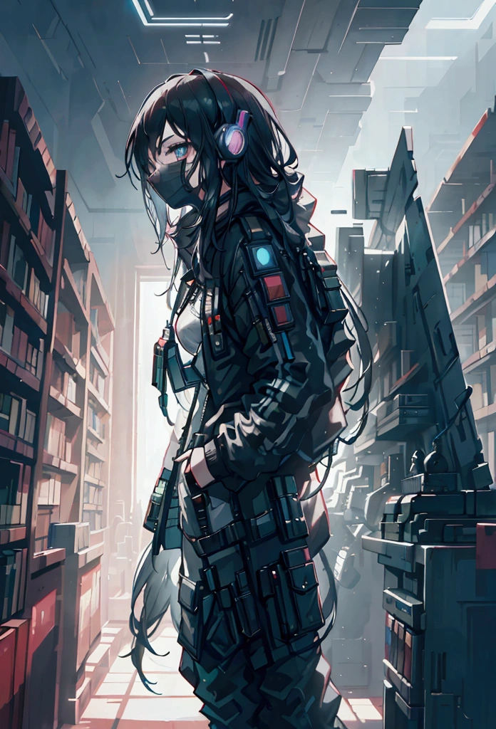 giant futuristic library with thousands of books. A cyberpunk in the center of the Library looking in awe