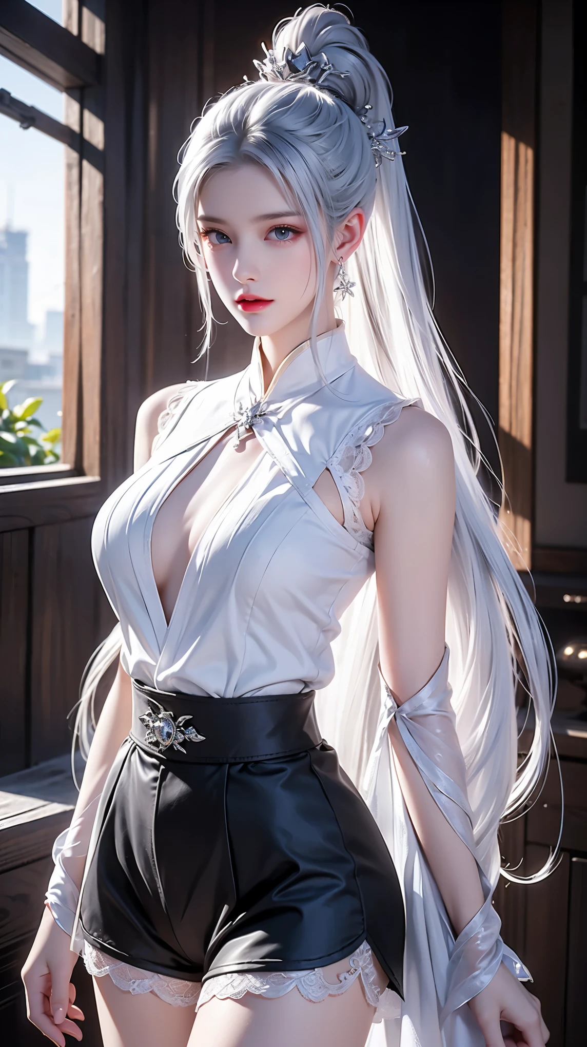 a white hair、Close-up of Miss wearing white mask, Beautiful character painting, Gu Weiss, Gurwitz-style artwork, White-haired god, author：Yang Jie, Epic and beautiful character art, Stunning character art, author：Fan Qi, by Wuzhun Shifan, pixiv art street Gu Weiss, Single ponytail, insult, High Ponytail, Tall and big, Long legs, (Sleeveless lace shirt), (shorts), (Striped )), ((Striped )), Walk, elegant, dignified, Miss, Beautiful curves, sweet smile, Strong sense of detail and layering, color丰富绚丽, Has a unique texture, rich and colorful, color, vivid, Design Art, 16K, Extremely detailed, {{illustration}}, {Extremely refined}, {Exquisite surface treatment}, Extremely detailed, Delicate and shining eyes, {{light}}, 极致light效果, Model: realism, CFG size: 12, Laura: Bright texture (1.35), high quality, masterpiece, Exquisite facial features, Delicate hair depiction, Detailed depiction of the eyes, masterpiece, best quality, Ray Tracing, Extremely detailed CG unified 8k wallpaper, masterpiece, best quality, (1 girl), 完美Miss身材, (((Skinny white T-shirt))), beautiful eyes, (Delicate face), Black short hair, Tie your hair up, light blue hairpin, Black Silk Frame Glasses, in class, (White skin), (Optimal lighting), (Super intricate details), 4K Unified, (Extremely detailed CG), Showing off her white legs, , Hot Pants, shorts,