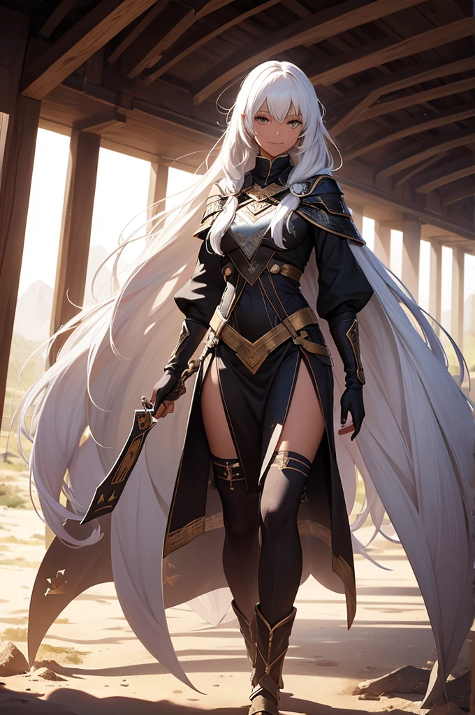 1girl, solo, long white hair, tall, slim, dark skin, brown eyes, smile, full body, norse mythos attire, desert, god rays, ray tracing, reflection light, best quality, 8k, highres, masterpiece, ultra-detailed, realistic, photorealistic, HDR, UHD, studio lighting, ultra-fine painting, sharp focus, physically-based rendering, extreme detail description, professional, vivid colors, bokeh, digital art