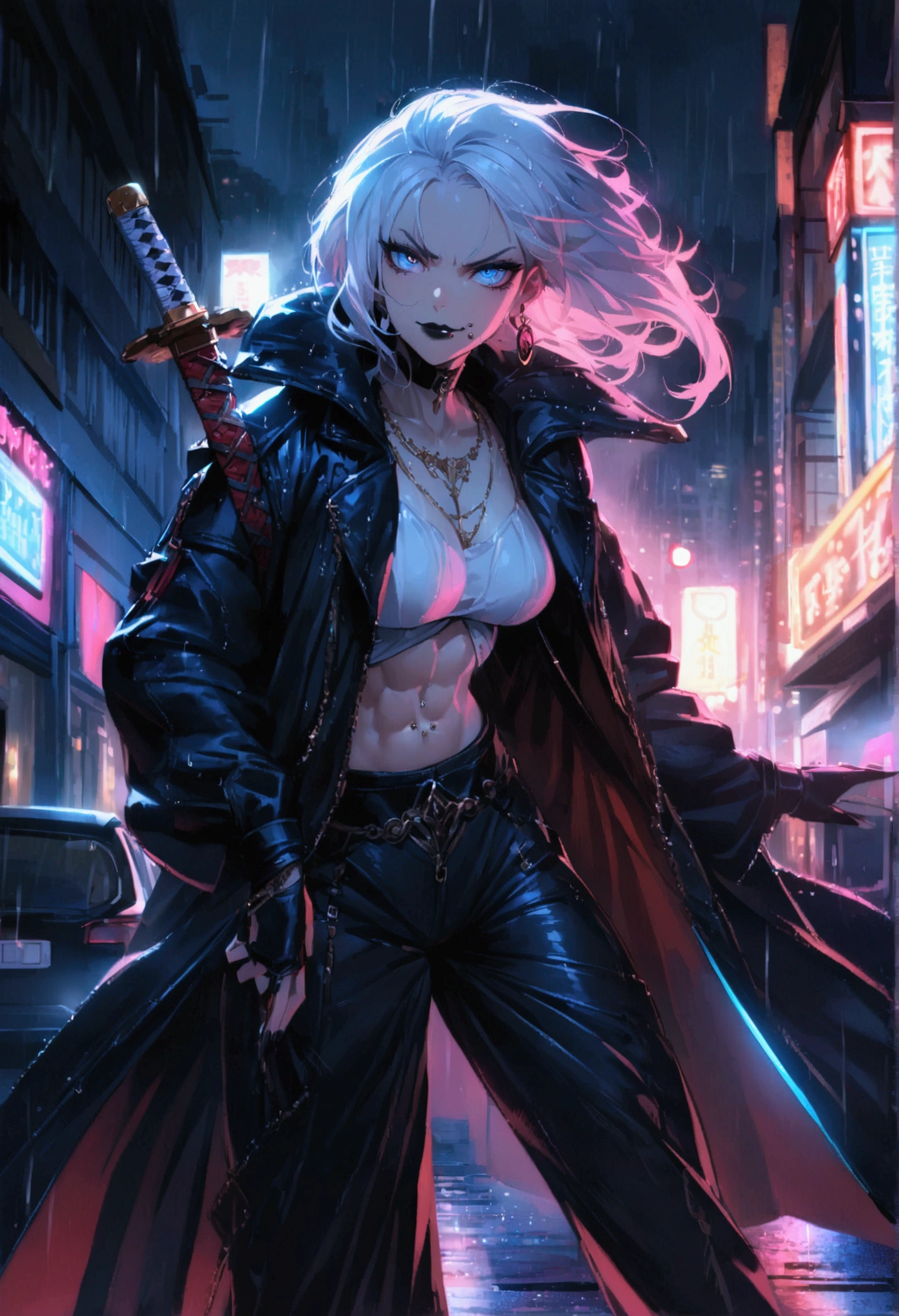 (anime women), dark outfit with red and blue details, white hair, (neon blue dragon eyes) standing in a rain soaked, city street at night, cinematic lighting (best quality:1.2)detailed, neon lights, vivid colors,bokeh, angry looking face with smirk on mouth, piercing, ABS, ((face piercing)), gaze, 4k, particles in the air, powers, amazing art work full of details, dynamic movement, (black lips), ((stands)) on a roof of the car) with katana in her hands laying on her shoulder
