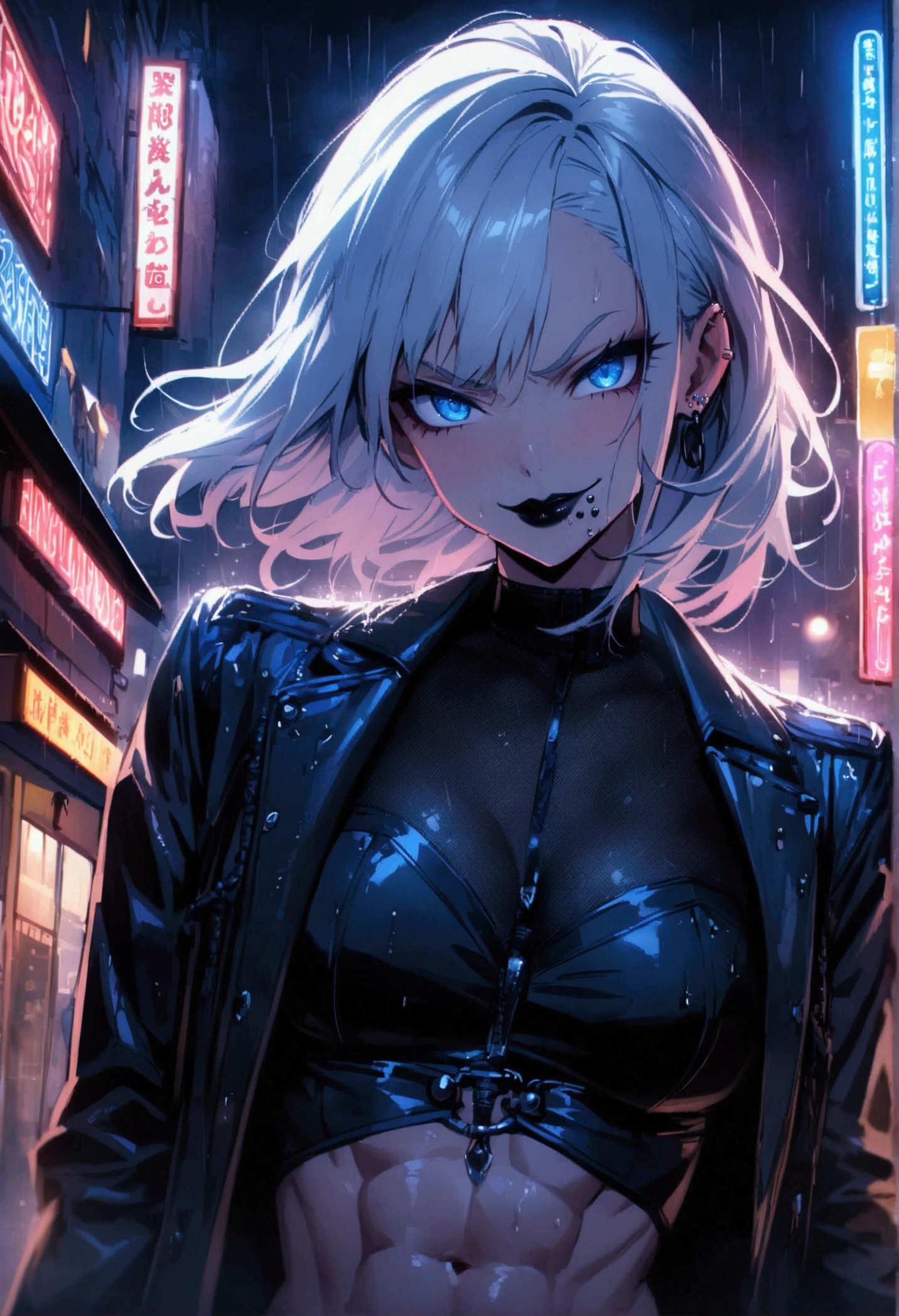 (anime women), dark outfit with red and blue details, white hair, (neon blue dragon eyes) standing in a rain soaked, city street at night, cinematic lighting (best quality:1.2)detailed, neon lights, vivid colors,bokeh, angry looking face with smirk on mouth, piercing, ABS, ((face piercing)), gaze, 4k, particles in the air, powers, amazing art work full of details, dynamic movement, (black lips), ((stands)) on a roof of the car) with katana in her hands laying on her shoulder
