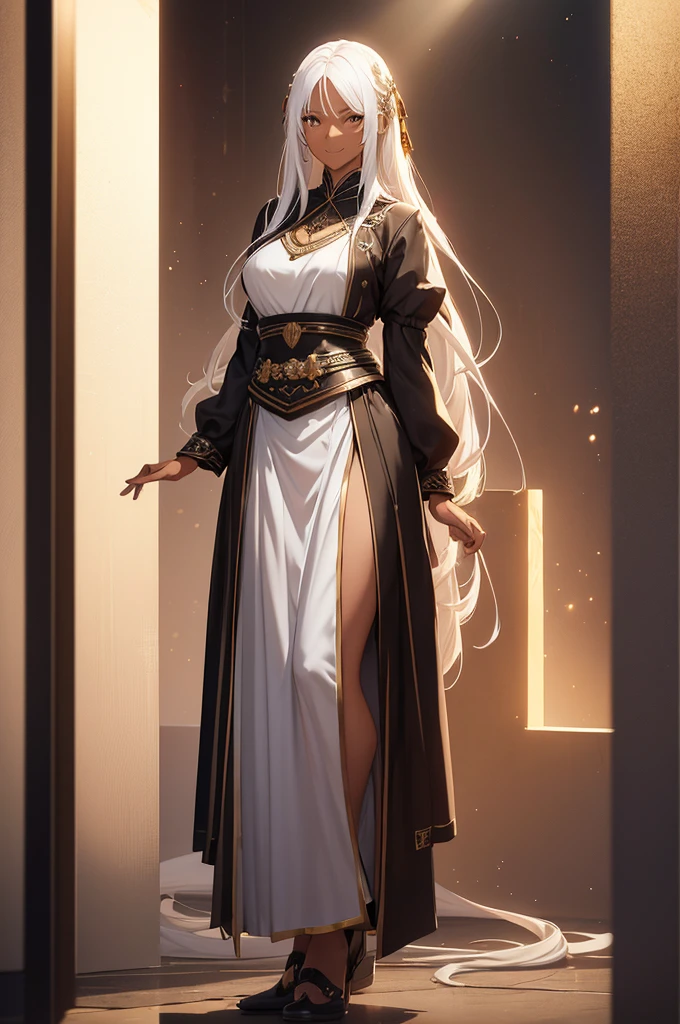 1girl, solo, long white hair, tall, slim, dark skin, brown eyes, smile, full body, greek mythos attire, desert, god rays, ray tracing, reflection light, best quality, 8k, highres, masterpiece, ultra-detailed, realistic, photorealistic, HDR, UHD, studio lighting, ultra-fine painting, sharp focus, physically-based rendering, extreme detail description, professional, vivid colors, bokeh, digital art