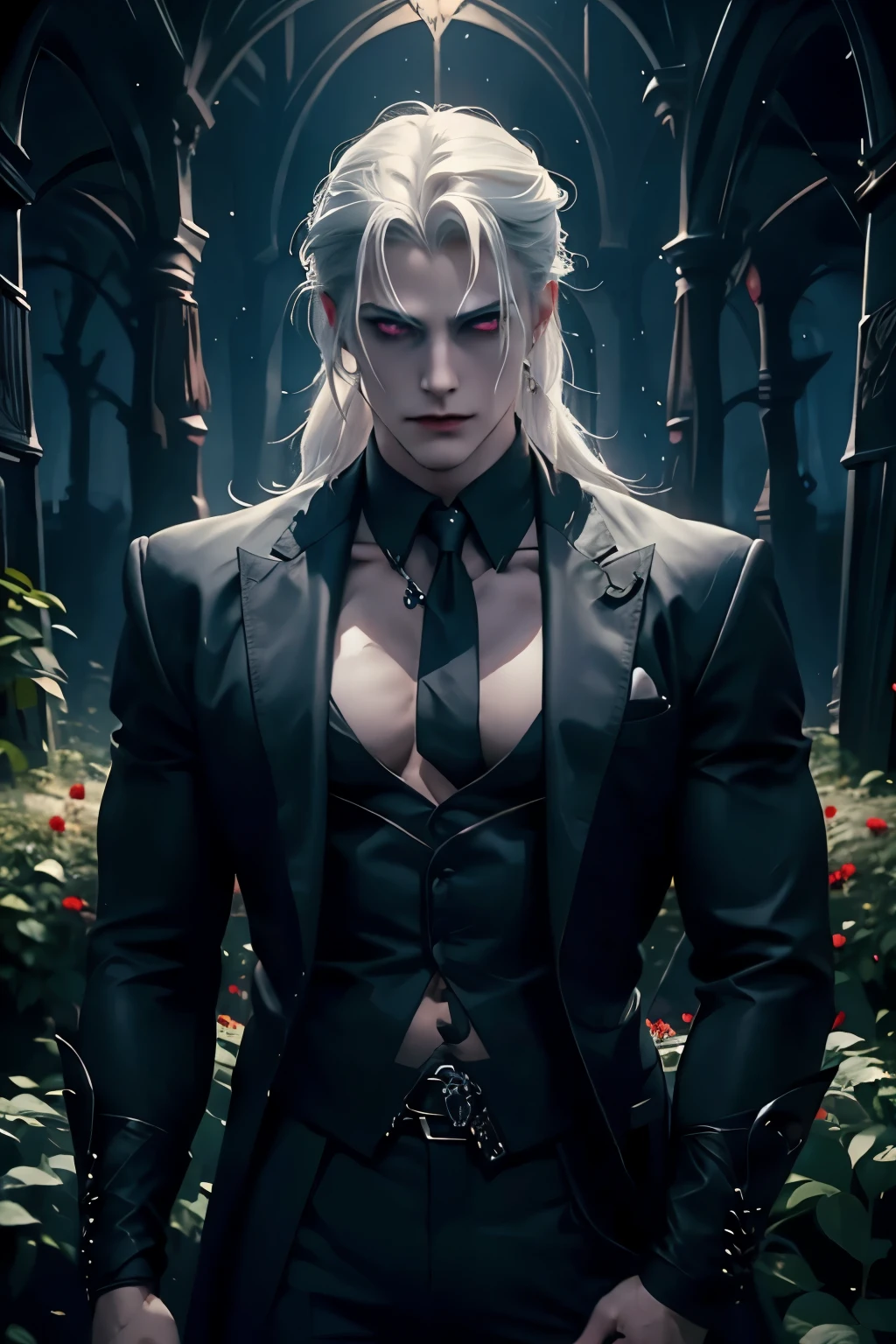 ((Best quality)), ((masterpiece)), 8k (detailed), ((perfect face)), ((halfbody)) perfect proporcions, He is a handsome vampire, he is 25 years old, he has beautiful face, perfect face, ha has muscles, storng man, white hair, gothic makeup, he has long white hair, he has red eyes, he poses sensually, he is in a garden at night, ((perfect face)) ((vampire ambience))