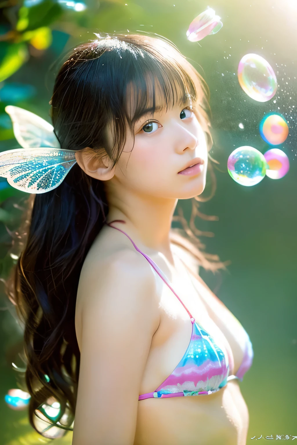 super real photo,Fantastic surrealism、Fairies in the world of soap bubbles、Japanese Micro Bikini,17-year-old beautiful girl、Emerging from a soap bubble, cinematic, portrait photography, photo, fashion