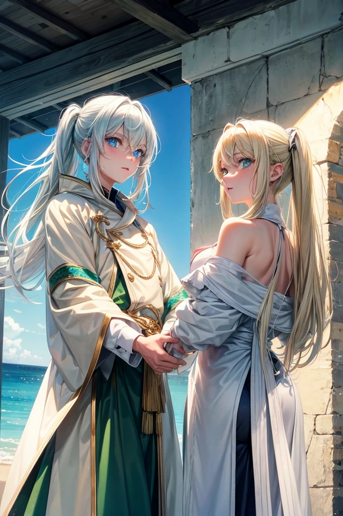 Couple blonde female with blue eyes and white haired male with green eyes