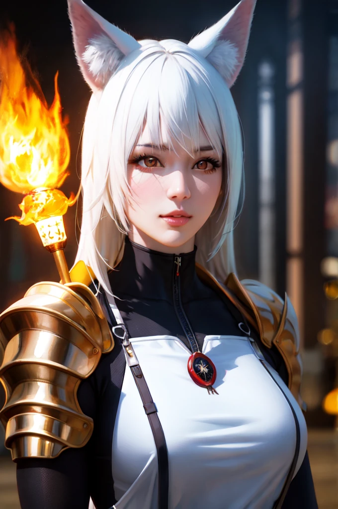 a japanese young woman kitsune with fox ears and three fox tails, white hair kitsune inspired armor, with kitsune mask on her face, fox, kitsune holding torch,Ambiance sombre by Yang J, Guweiz, (best quality, 4k, highres, masterpiece:1.2), ultra-detailed, (realistic, photorealistic:1.37), HDR, UHD, studio lighting, ultra-fine painting, sharp focus, physically-based rendering, extreme detail description, professional, vivid colors, bokeh, portraits, landscape, horror, anime, sci-fi, photography, concept artists, vibrant color tones, atmospheric lighting