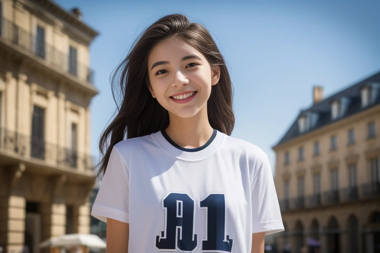 creates a photograph of a beautiful 22 year old girl, perfect silhouette, (full body:1.2), medium bust, (long hair: 1.2), very detailed facial and skin texture, detailed eyes, double eyelid work, (white t-shirt:1. 3), (short jockey shorts:1.3), sincere smile ((best quality, 8K, masterpiece :1. 3)), (sharp focus :1.2), perfect silhouette beautiful woman:1.4, 2), , (natural light, La rue de la ville:1.1), 