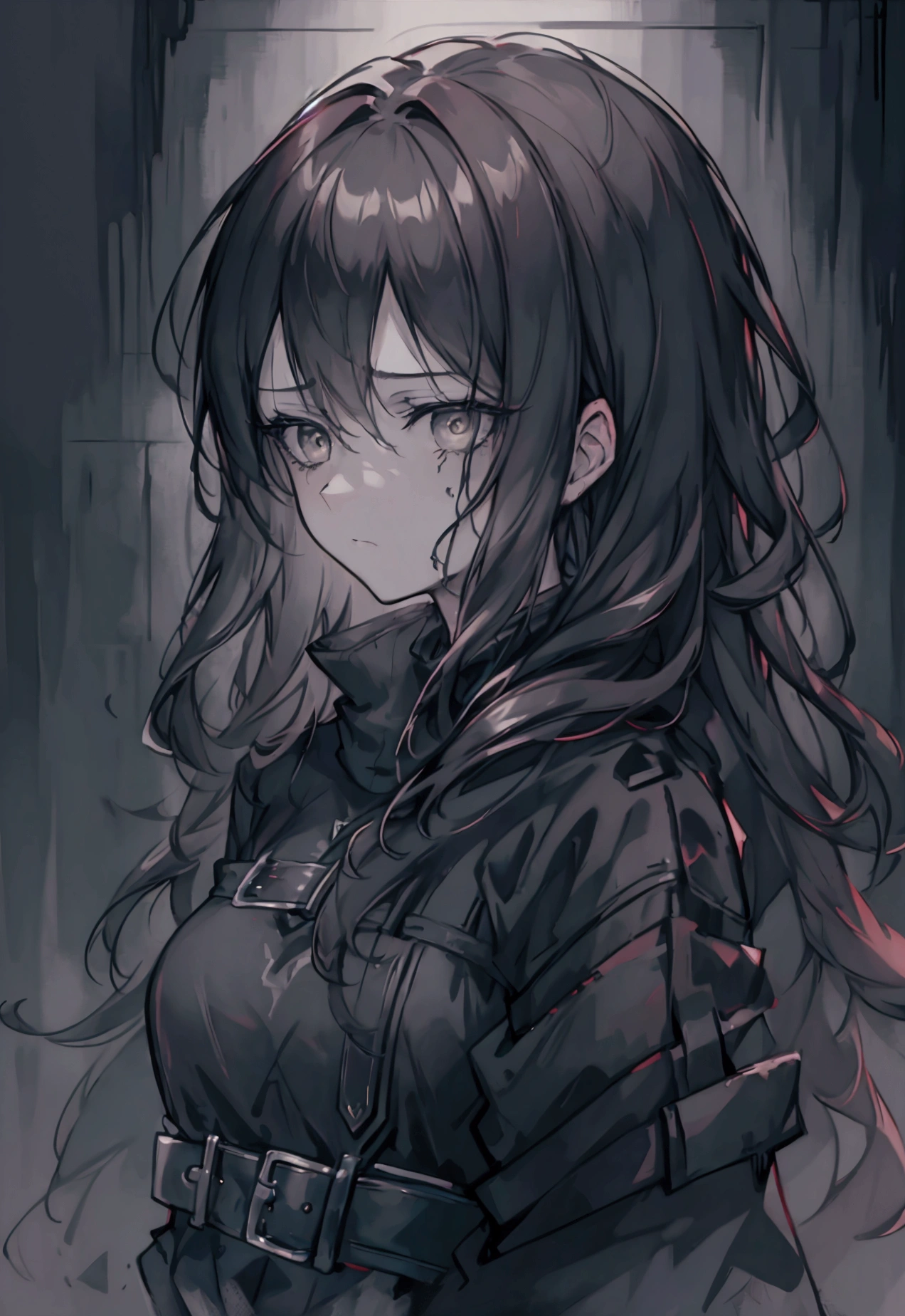 detailed portrait of a woman with a broken soul, melancholic expression, intense gaze, disheveled hair, dramatic lighting, dark moody tones, chiaroscuro effect, oil painting, cinematic composition, dramatic shadows, emotional, mysterious, introspective