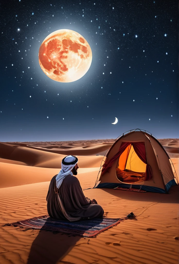 In the vast Sahara Desert, under the silvery glow of a big, full moon, an ancient Arabian man contemplates inside his tent. The starry night sky comes alive with a shooting star streaking across the horizon, leaving a luminous trail behind. In the distance, a caravan of merchants with red camels marches across the dunes, their journey illuminated by celestial wonder.