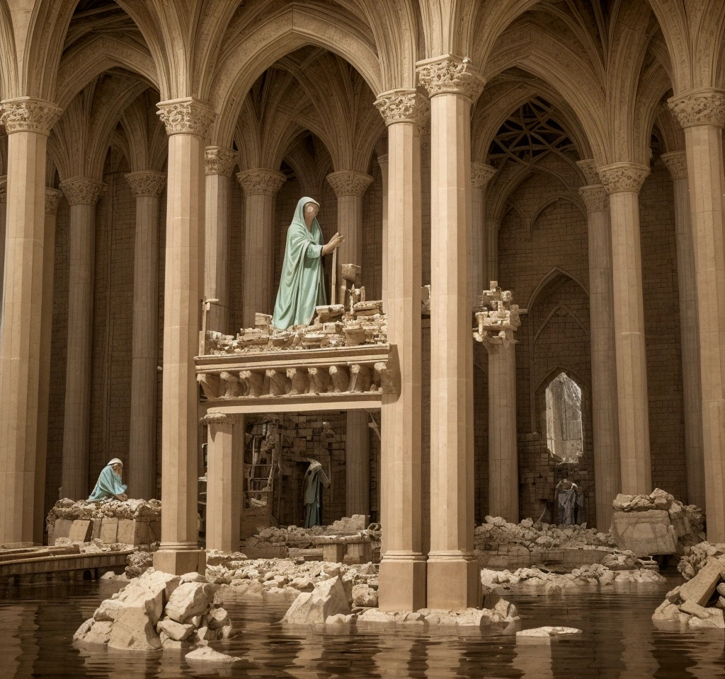 "Create an image that captures evolving humanity before the Great Flood, as described in the biblical passages from Genesis. The scene should depict a growing society, with diverse human activities in a setting that suggests development and everyday life. Include figures of people involved in various tasks, such as agriculture, construction, commerce, and crafts, showing the diversity of skills and occupations. The architecture may include simple dwellings, altars or other elements that suggest the culture of the time. that suggests a vast, expanding world. Also include elements that symbolize the moral decline and corruption mentioned in scripture, such as behaviors or expressions that indicate violence, injustice, or decadence. an imminent moral crisis, reflecting the state of humanity before the flood."