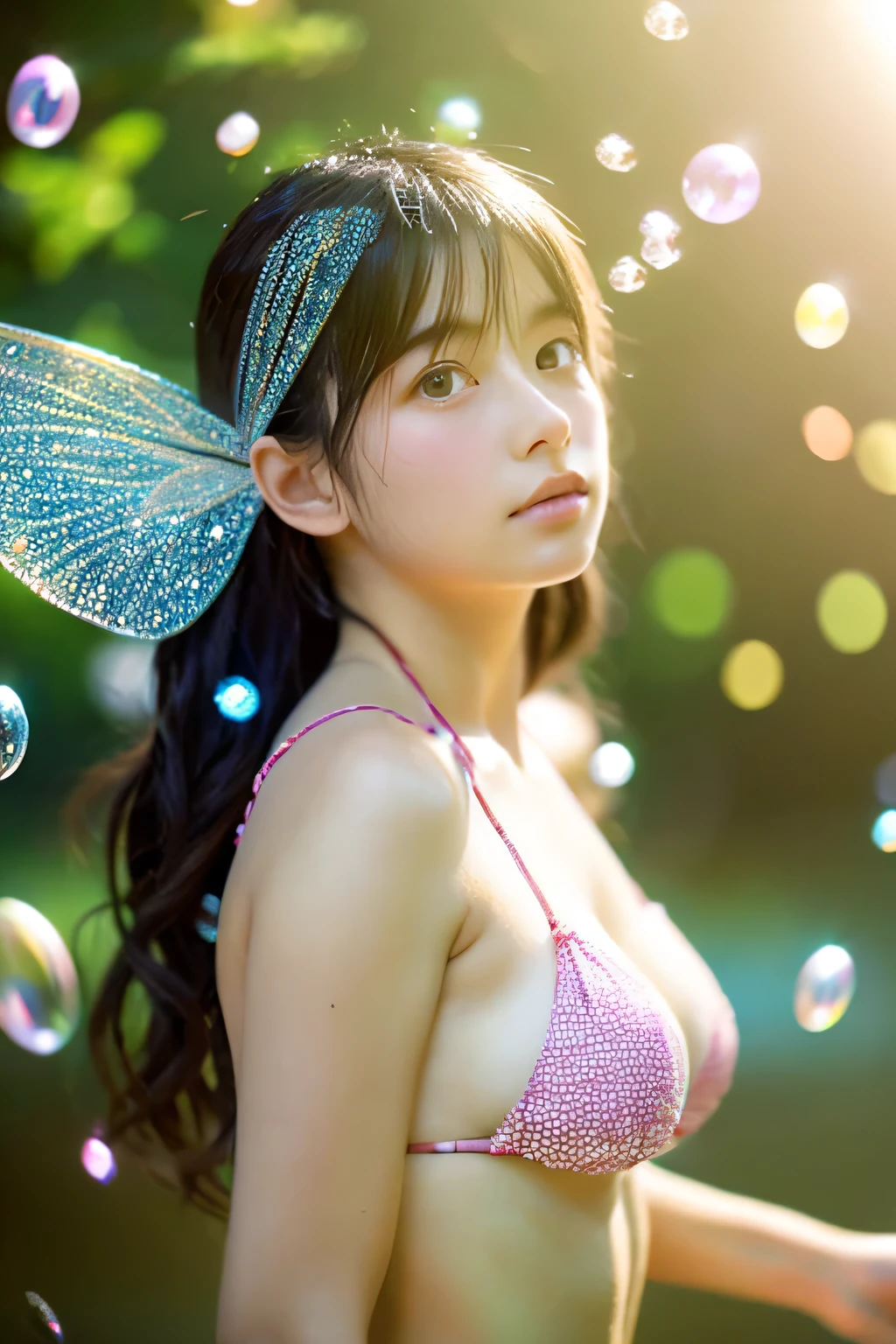 super real photo,Fantastic surrealism、Fairies in the world of soap bubbles、Japanese Micro Bikini,17-year-old beautiful girl、Emerging from a soap bubble, cinematic, portrait photography, photo, fashion