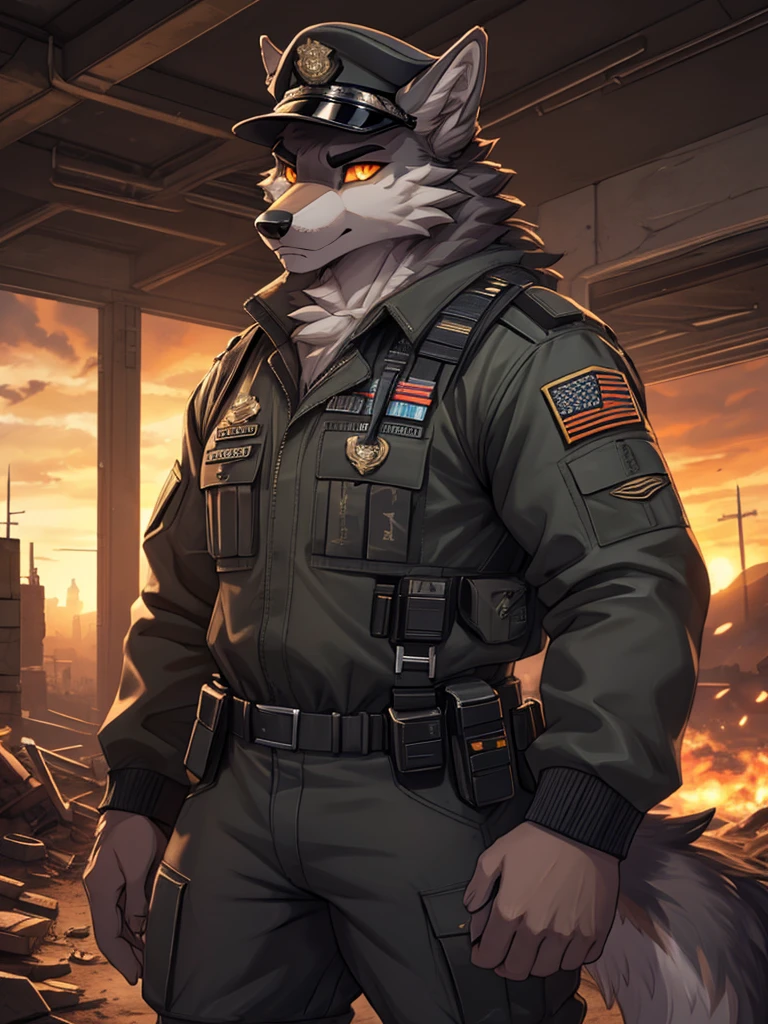 high quality, best quality masterpiece, the best definition add_detail:1 aesthetic and lighting details Wolf male military officer, decorated techwear clothing with officer hat, mature muscular male, thick body, dark gray fur, apocalypse landscape, body with tattoo, detailed eyes, pupila amarilla orange eyes add_detail:1