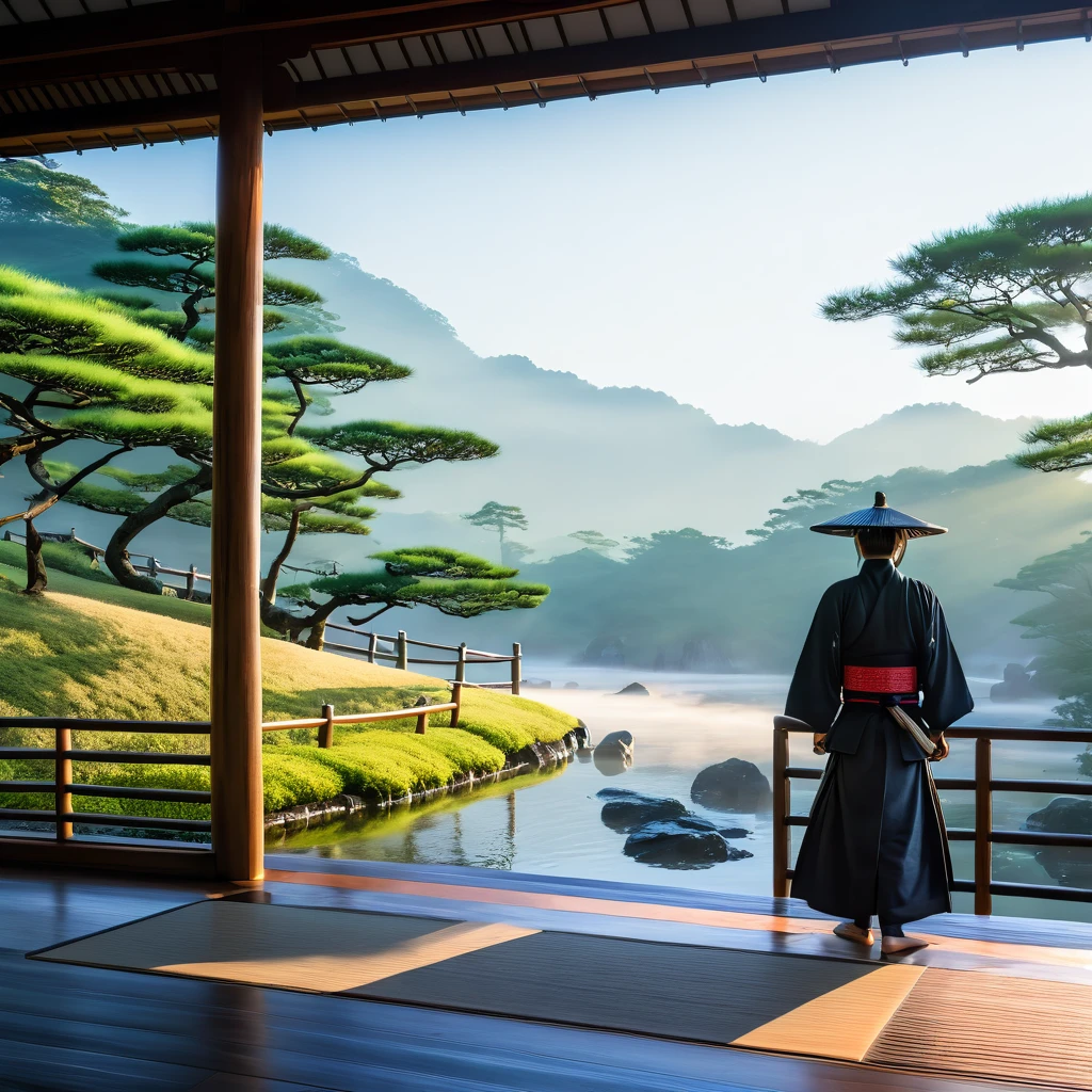 Japanese summer, cool samurai beautiful morning atmosphere, the start of the day, real photo((masterpiece, highest quality, 8K))