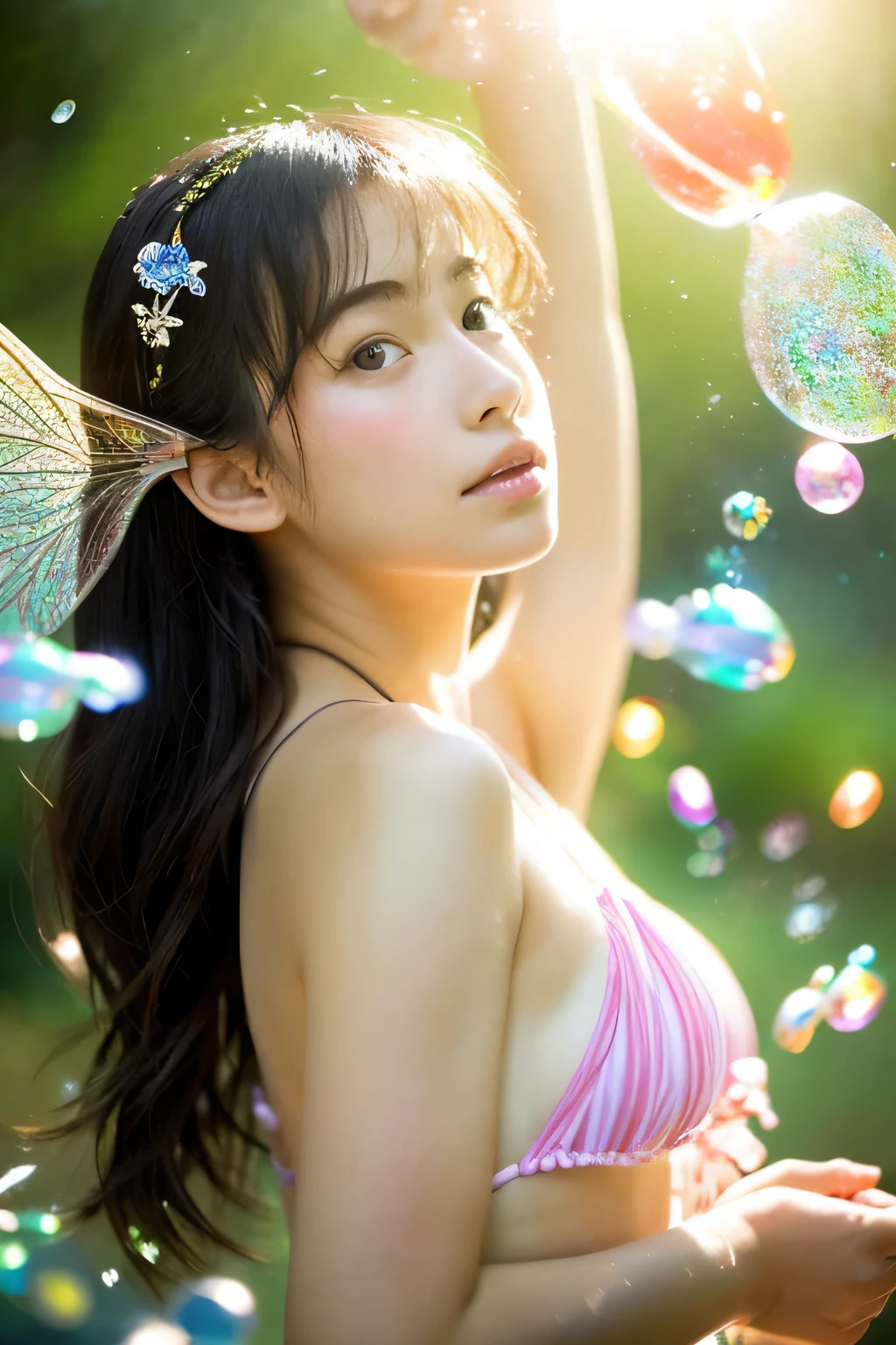 super real photo,Fantastic surrealism、Fairies in the world of soap bubbles、Japanese Micro Bikini,17-year-old beautiful girl、Emerging from a soap bubble, cinematic, portrait photography, photo, fashion