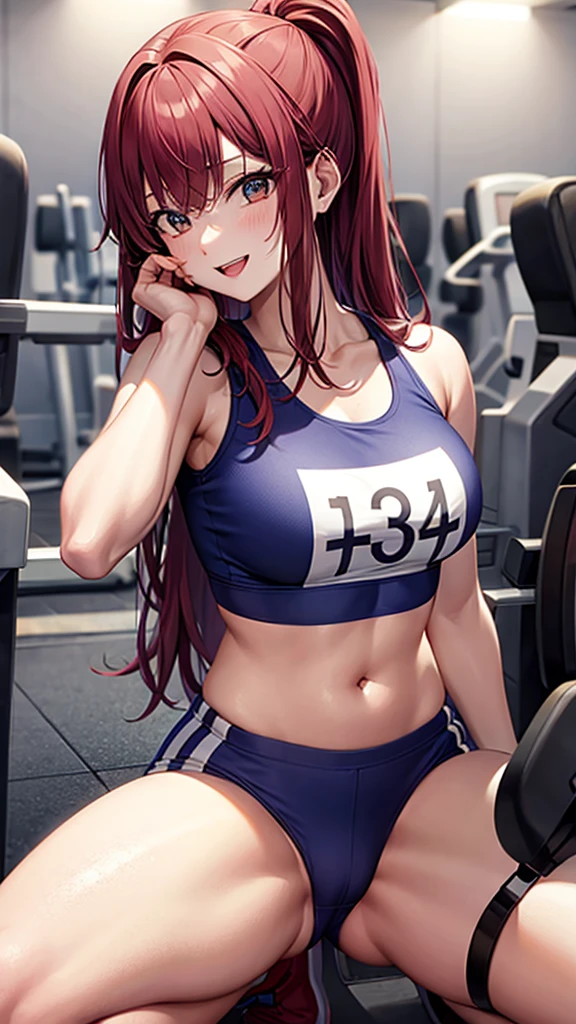 kei (dirty pair) (cosplay), 32-years-old femaile. Dark red long hair with bangs to the eyebrows. Wearing a sexy gym uniform. Sexy pose. In the gym. smiling,, doing sit ups